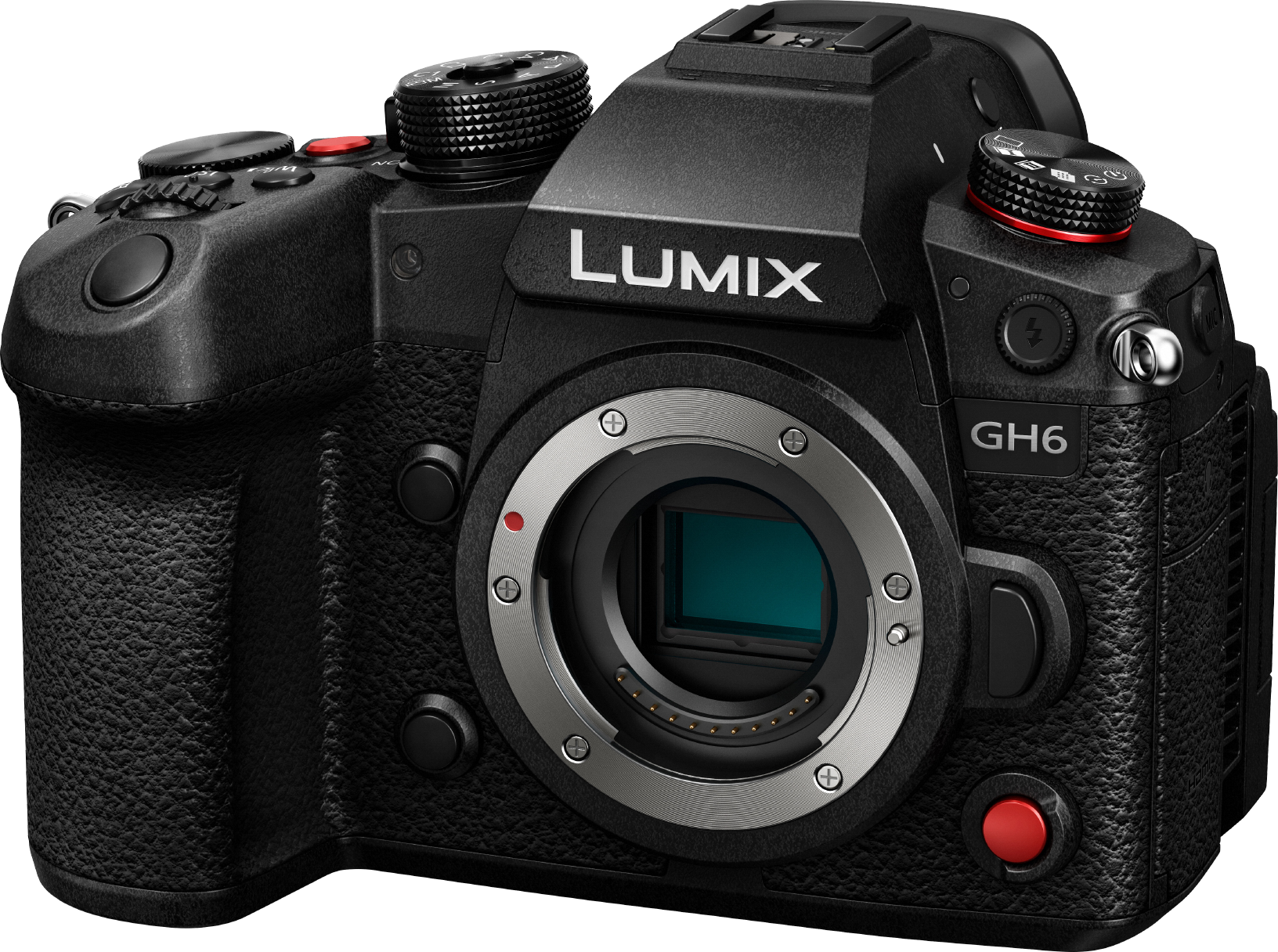 Appareil photo Lumix GH6 noir. Objectif et boutons visibles. Accent rouge sur la molette de mode.
