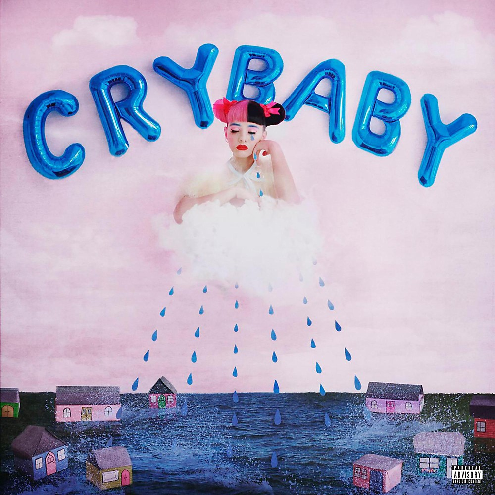 Album borító "CRYBABY" lufikkal, nő felhőn, házak a vízben.