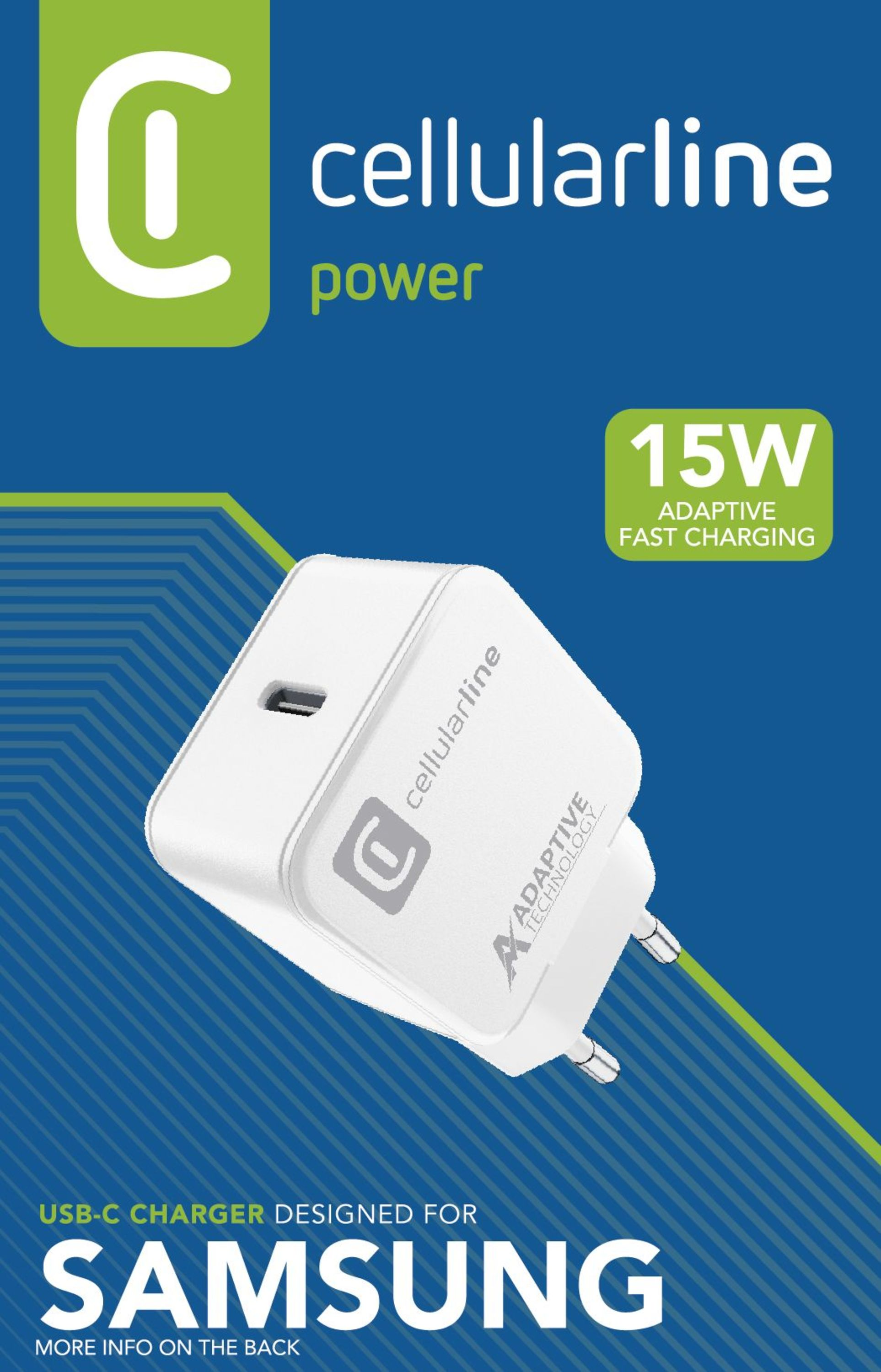 Un caricabatterie cellularline bianco con porta USB-C e testo su sfondo blu.