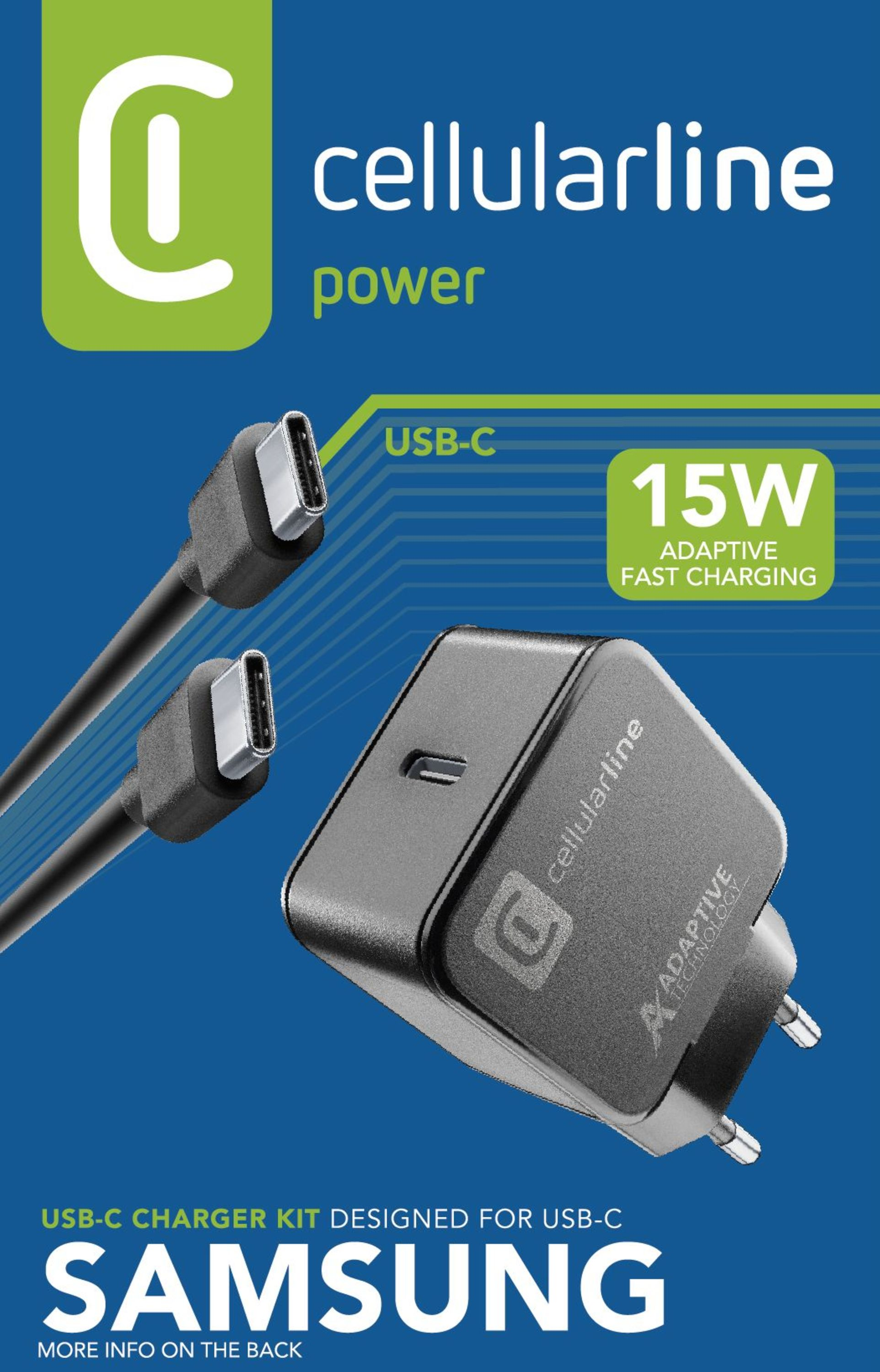 USB-C-Ladegerät-Kit mit schwarzem Ladegerät und Kabeln, auf blauem Grund.