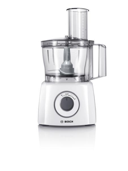 Bosch Küchenmaschine. Weißer Sockel, transparente Schüssel und ein zentraler Knopf.
