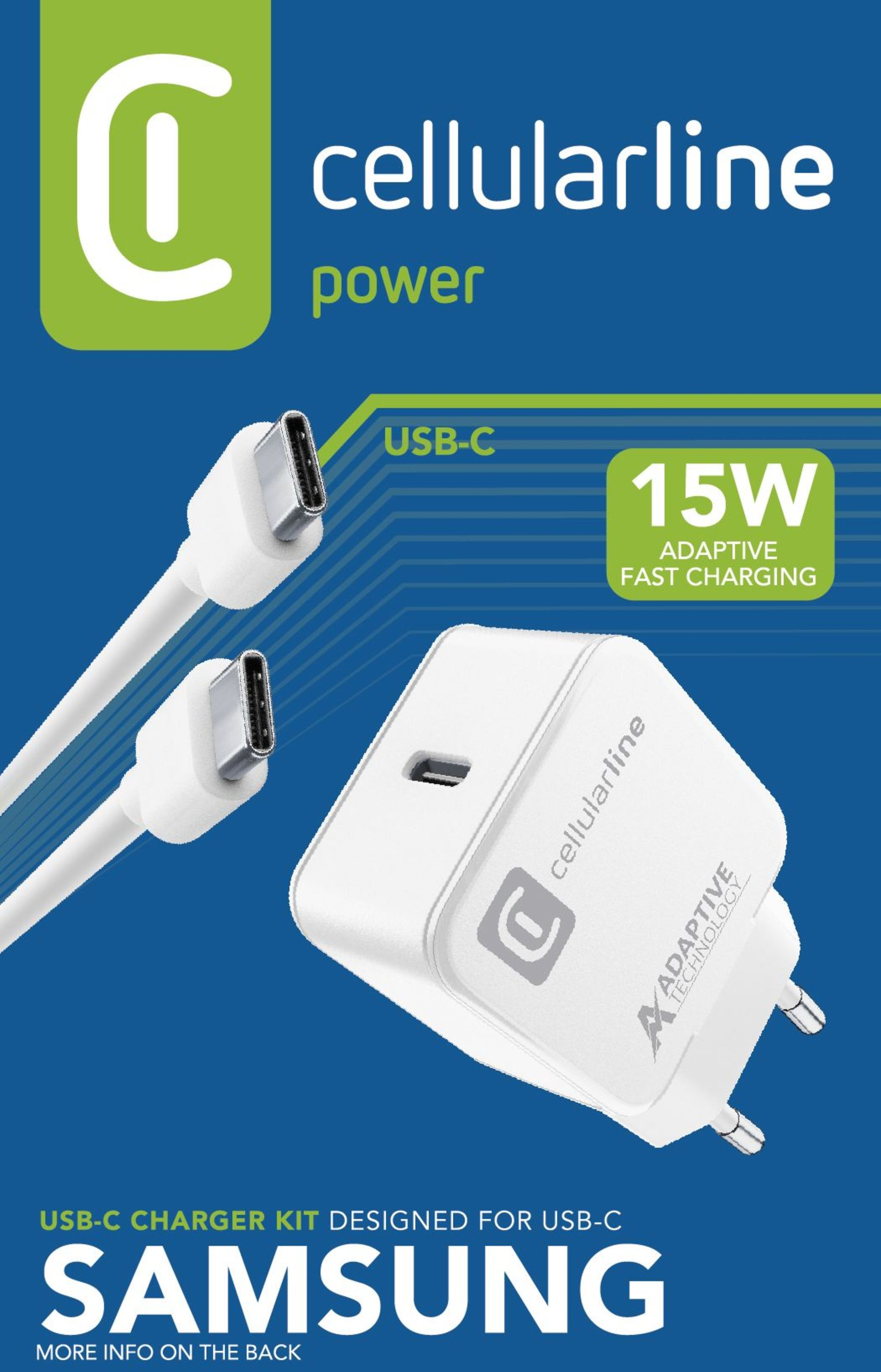 Weißes USB-C-Ladegerät-Kit für Samsung-Telefone mit weißem Kabel.