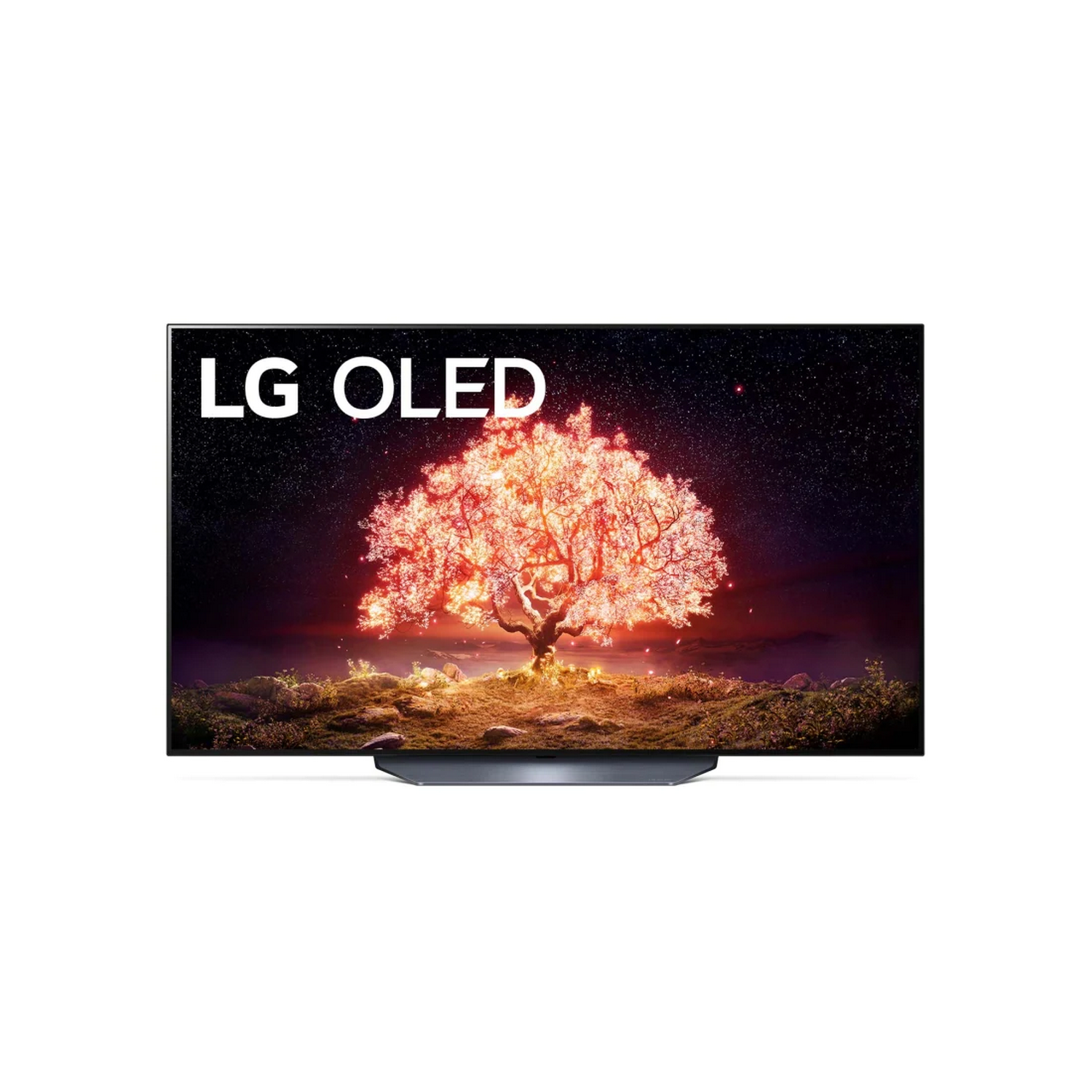 TV LG OLED. Pantalla en forma de árbol con resplandor rojo y naranja, sobre fondo negro.