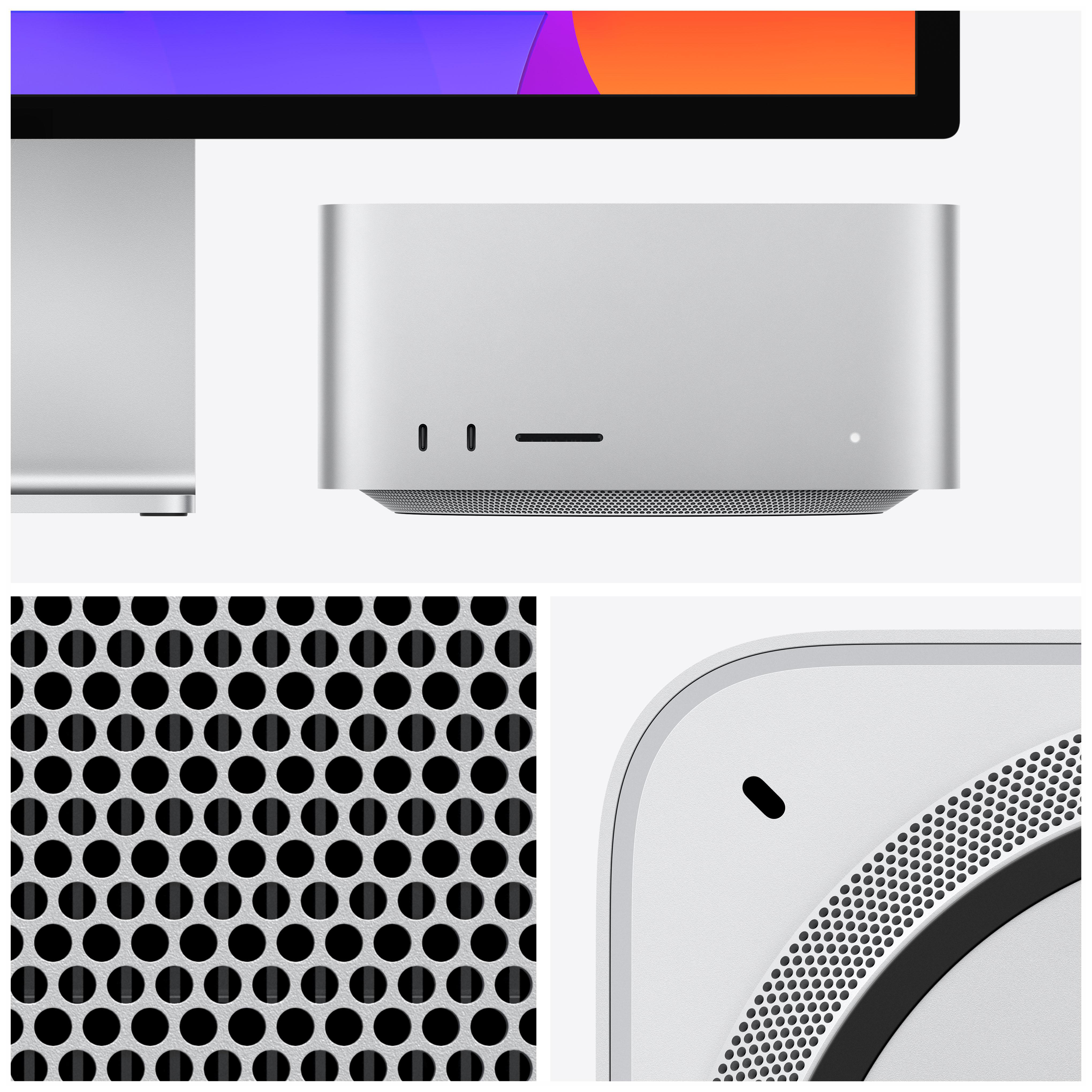 Ein modernes Apple-Computer-Setup: ein Mac Studio, Display und eine Nahaufnahme des Lüftungsgitters.