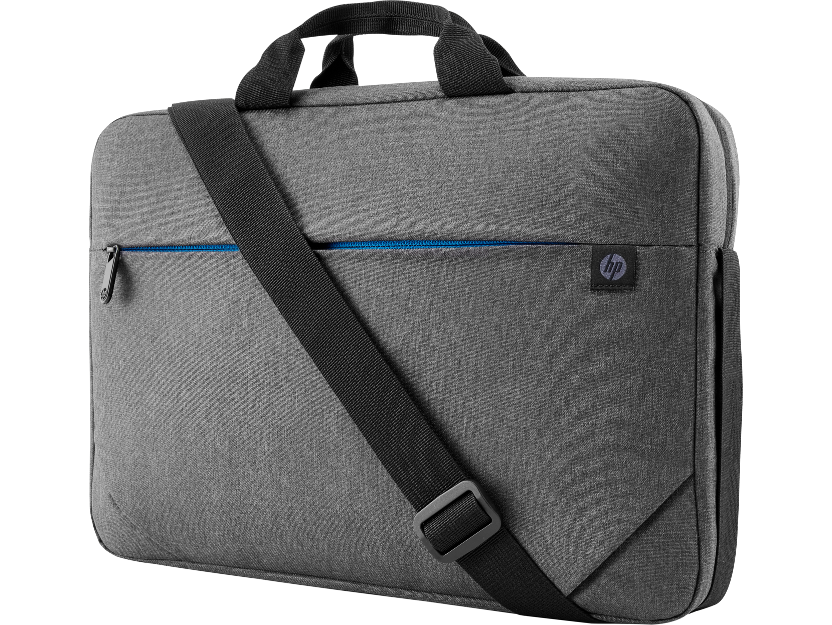 Bolsa para portátil HP gris con cremallera azul y correa negra.