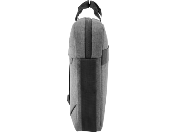 Una bolsa para portátil gris con asa y cremallera negra, vista de lado. Sobre un fondo negro.