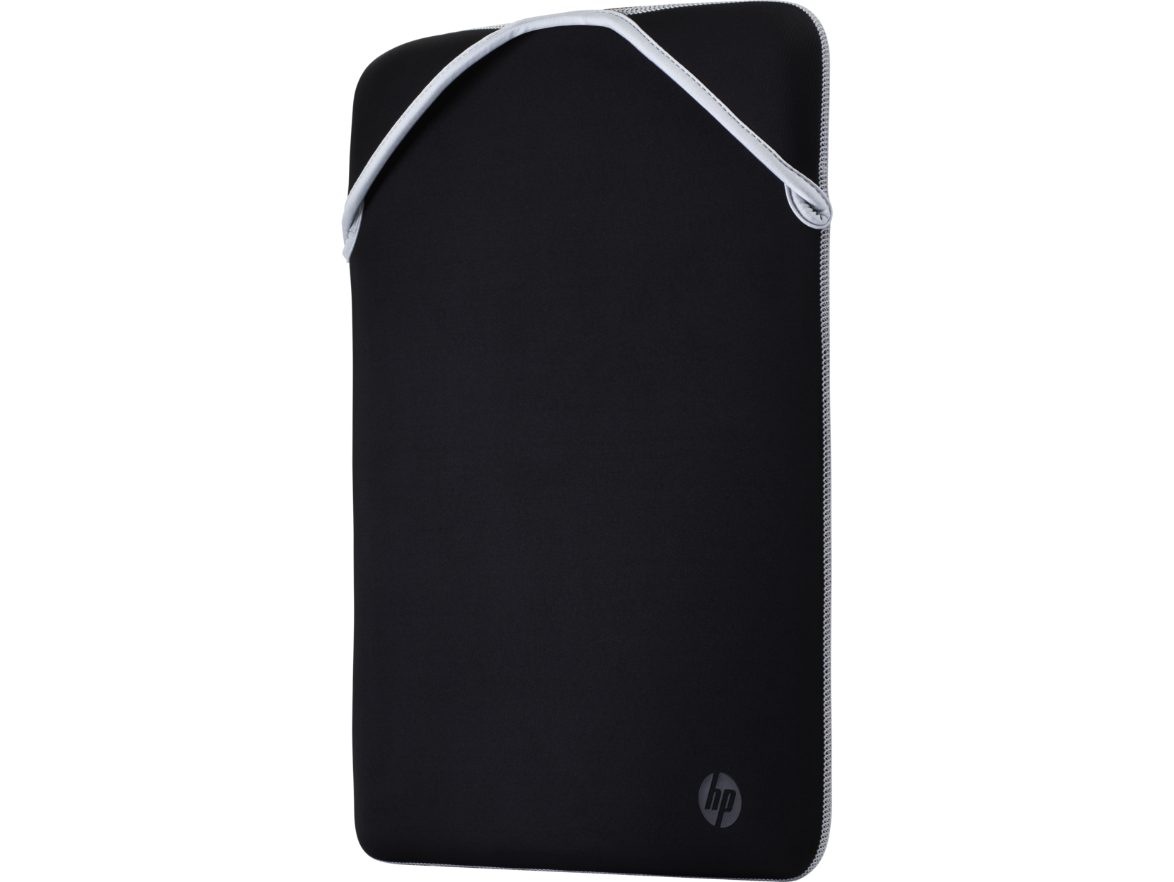 Funda negra para laptop HP. Ribete blanco y una correa blanca. Logotipo HP en la esquina inferior derecha.