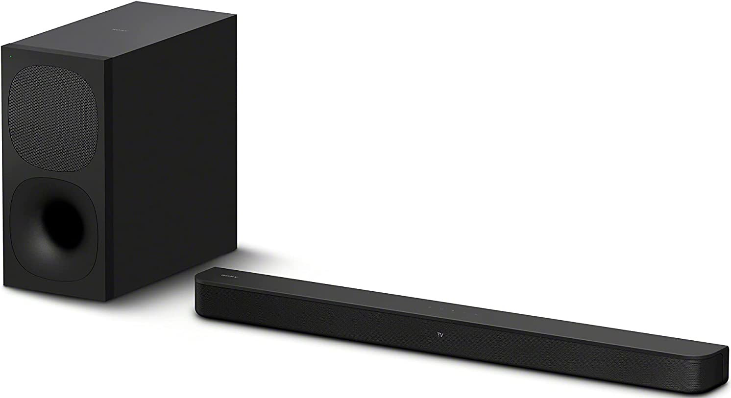 Een zwarte soundbar en subwoofer op een witte achtergrond. De soundbar is lang en de subwoofer is een doos.