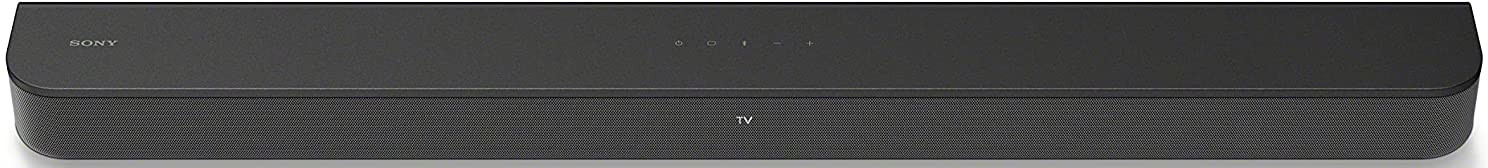 Zwarte soundbar met het woord SONY links en TV in het midden, witte achtergrond.