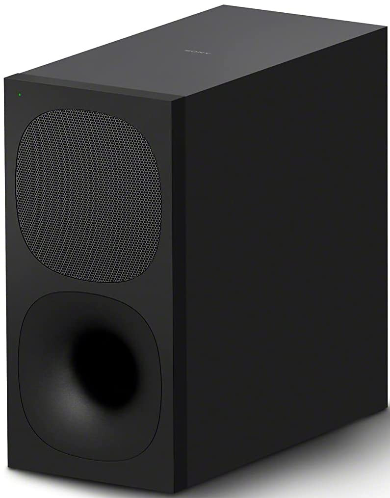 Zwarte subwoofer met een met gaas bedekte luidspreker en een onderste poort, groen licht.