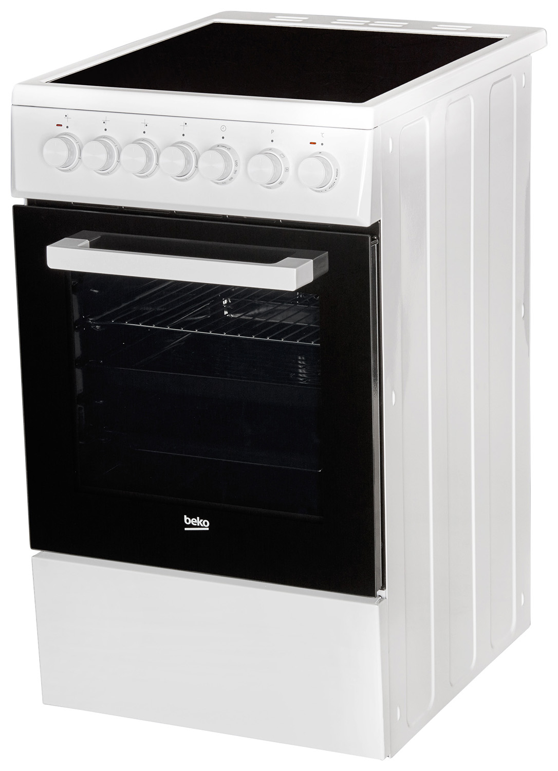 White oven with black door and black stovetop.
