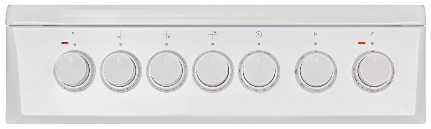 A white oven control panel with six circular knobs, each labeled with symbols and numbers.