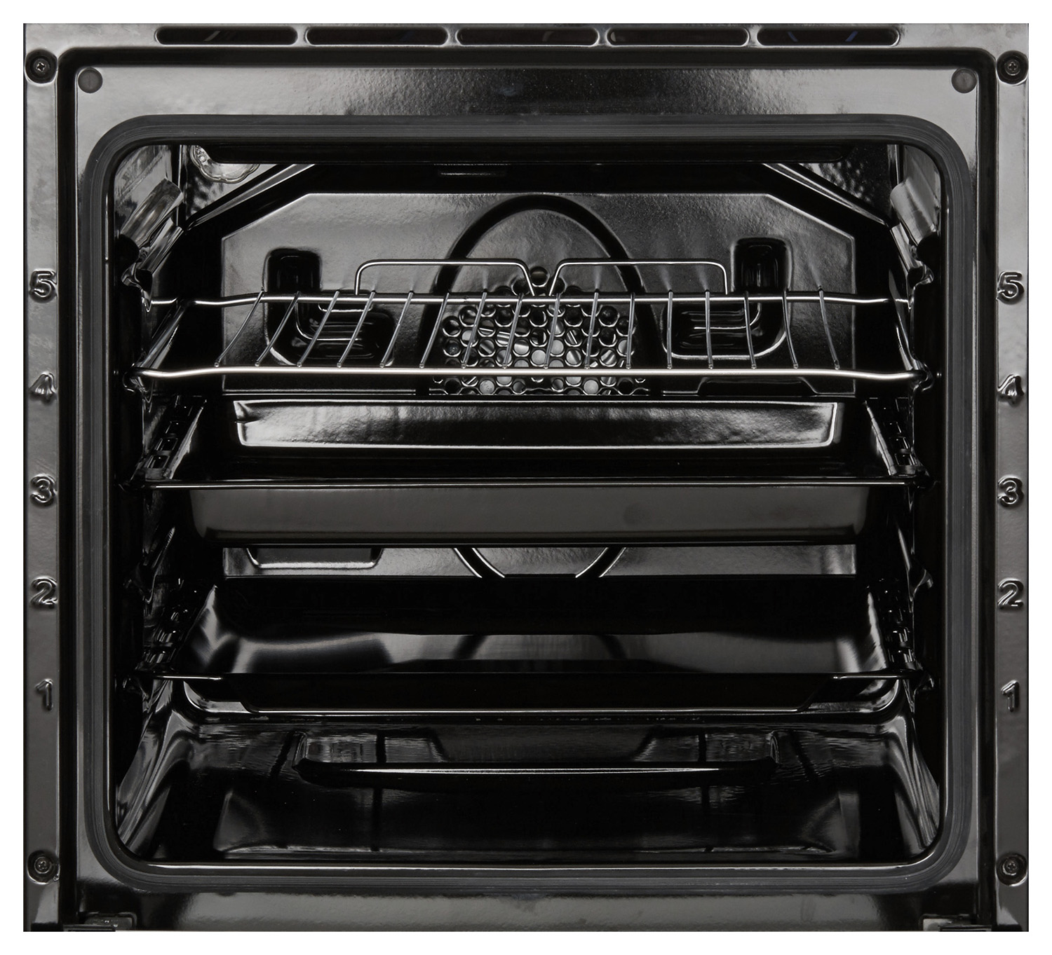 Inside of an empty oven, with racks and a baking tray.