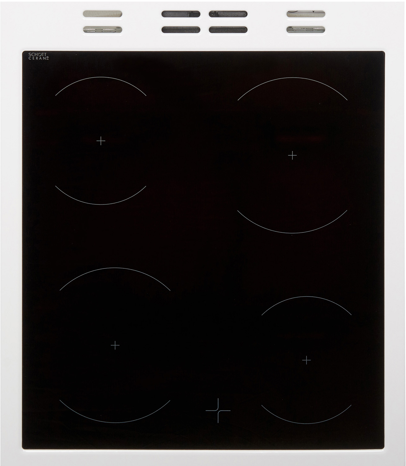 Close-up of a black electric cooktop. Four circular burners with white outlines.