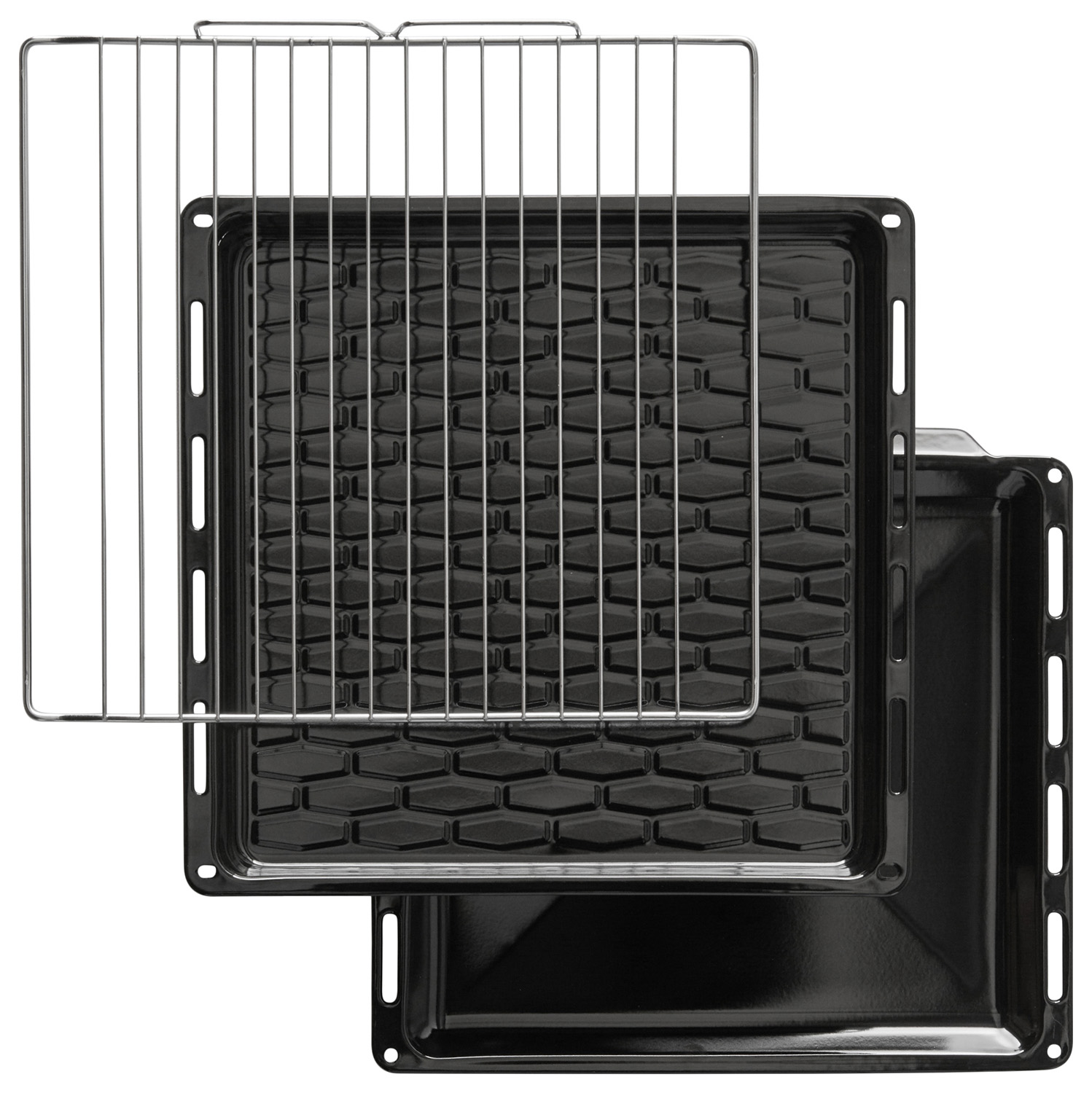 Black oven trays and wire rack, stacked.
