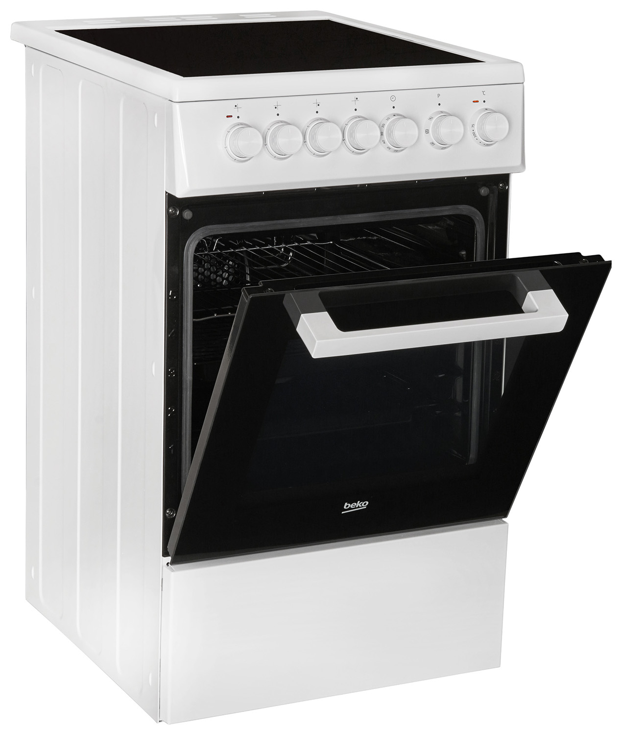 White oven with opened door, interior visible. Knobs on top, black cooktop surface.