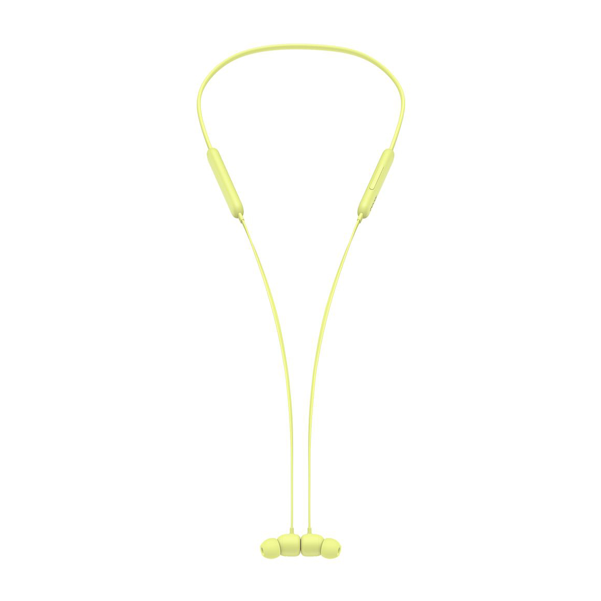 Cuffie wireless gialle a fascia da collo con due auricolari, su sfondo bianco.