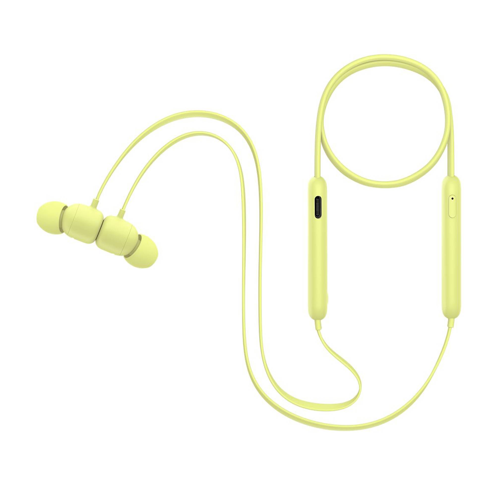 Auricolari wireless gialli con archetto e porta di ricarica. Gli auricolari sono collegati.