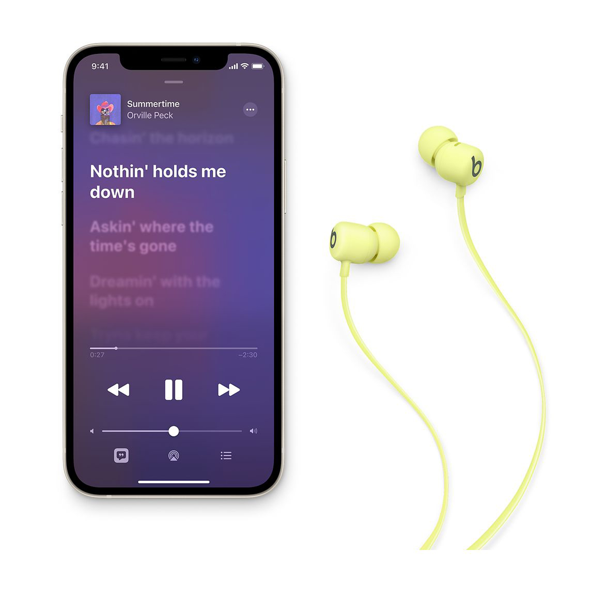 iPhone con app musicale e auricolari Beats gialle.