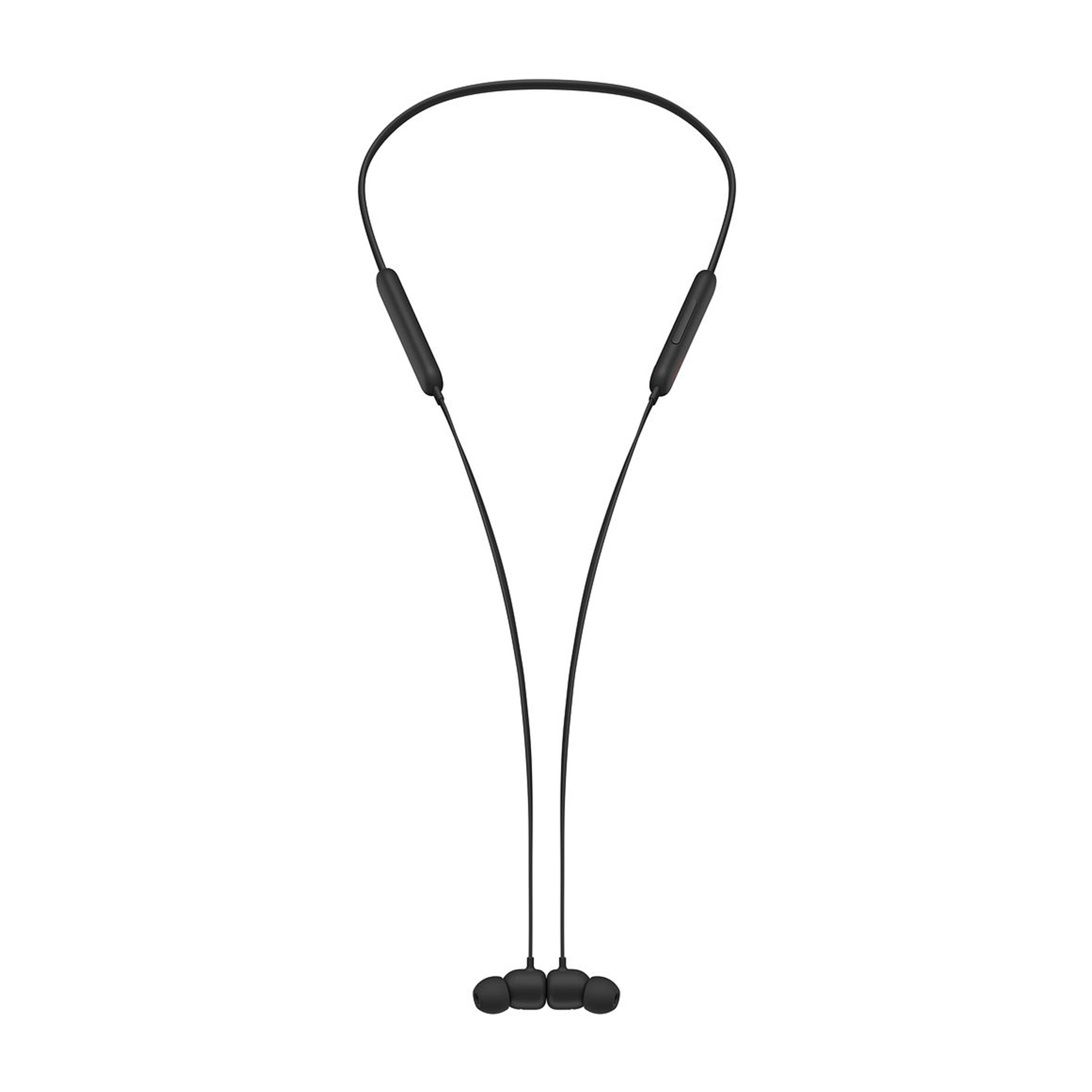 Auricolari wireless neri a fascia da collo, con due auricolari e un archetto flessibile.