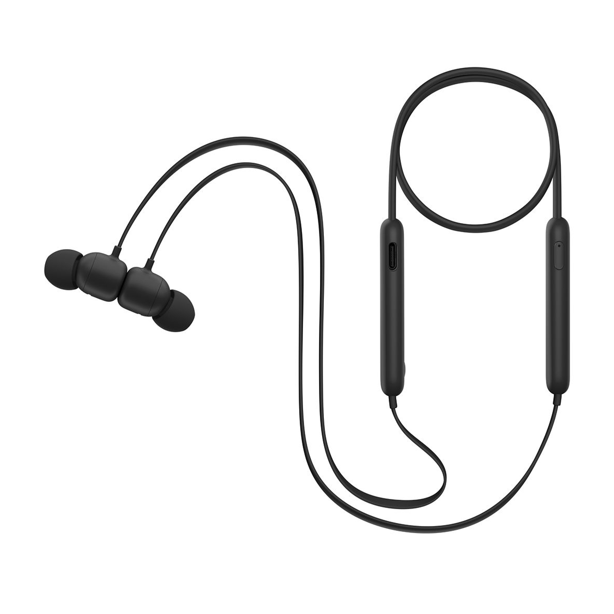 Auricolari wireless neri con archetto. Gli auricolari sono collegati all'archetto.