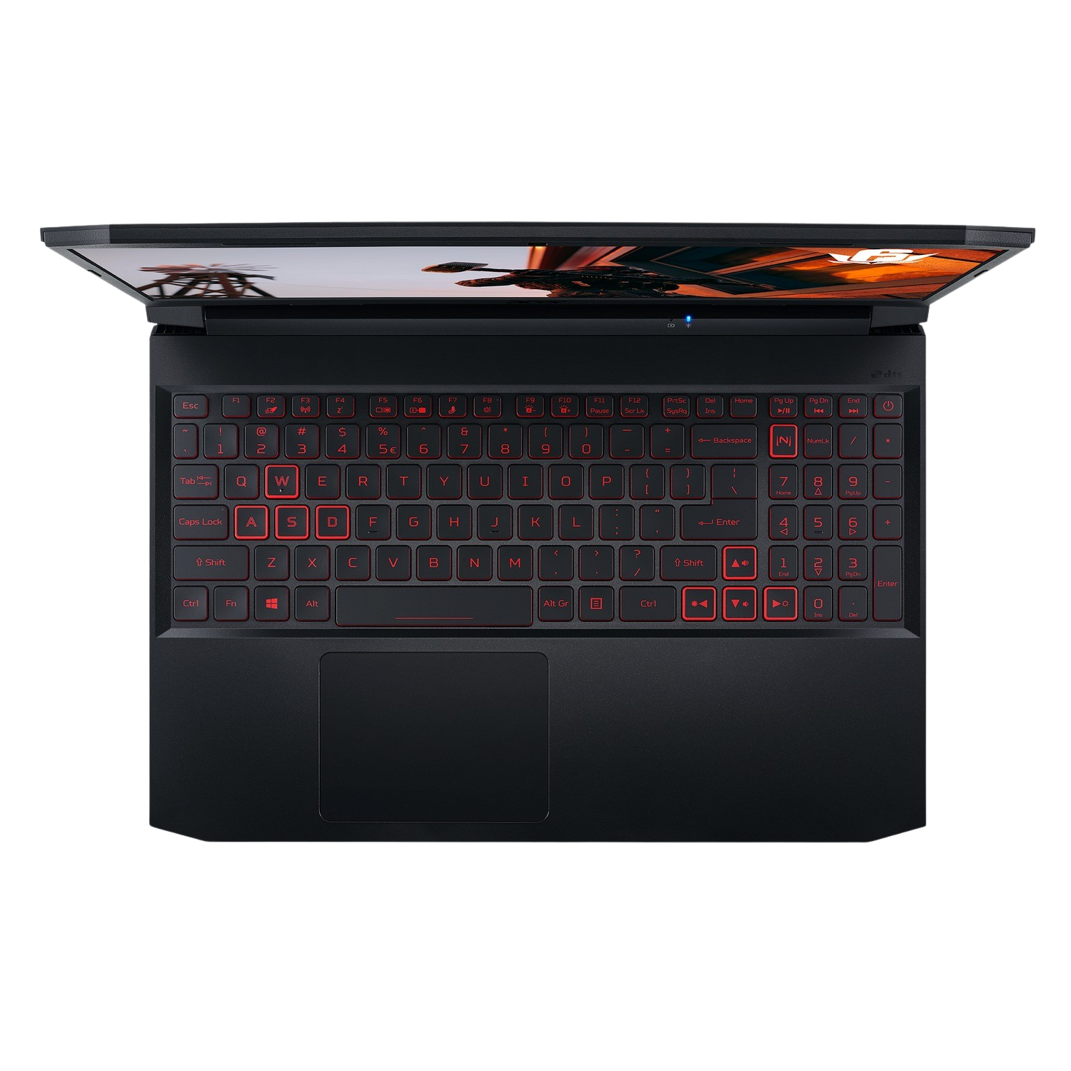 Teclado de portátil con teclas rojas, abierto y en uso.