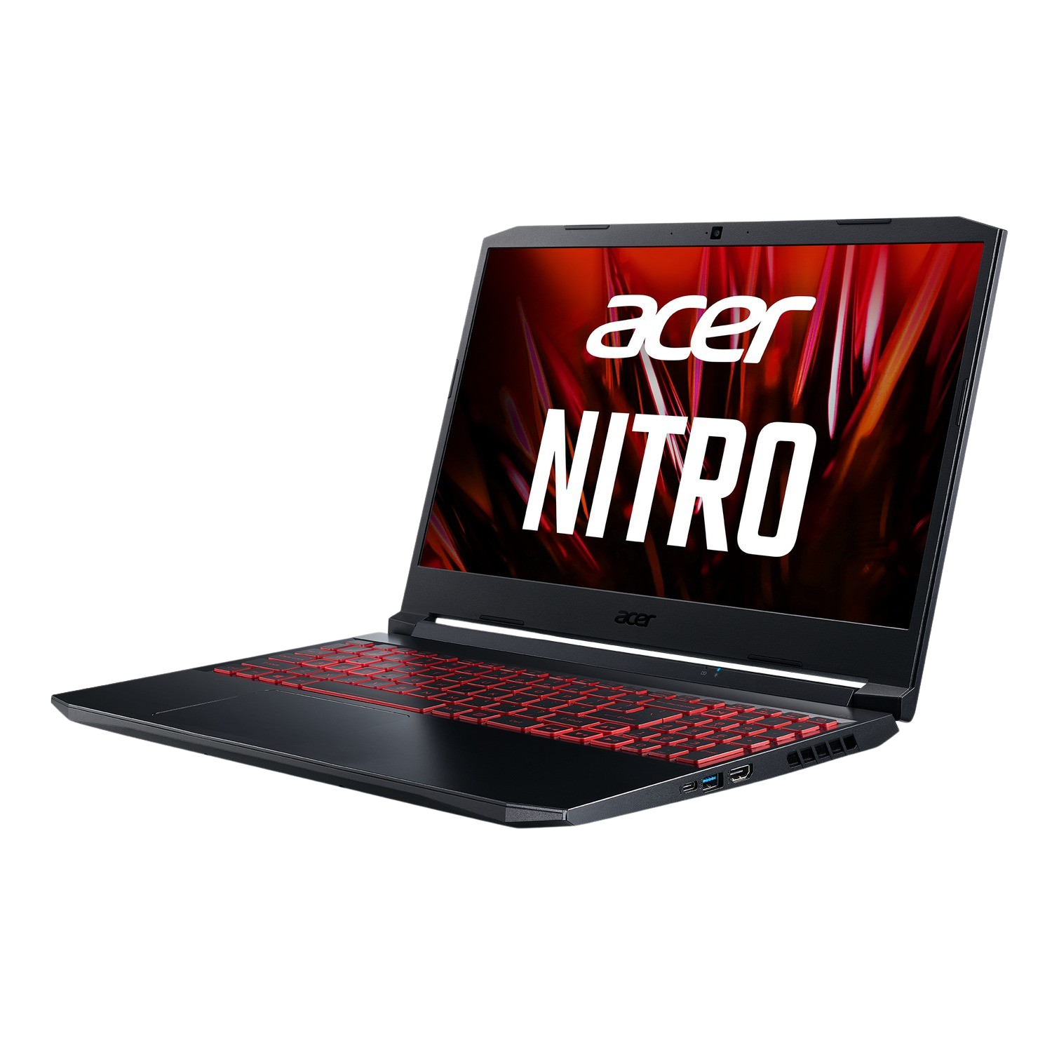 Una computadora portátil negra y roja está abierta y en ángulo sobre un fondo negro.