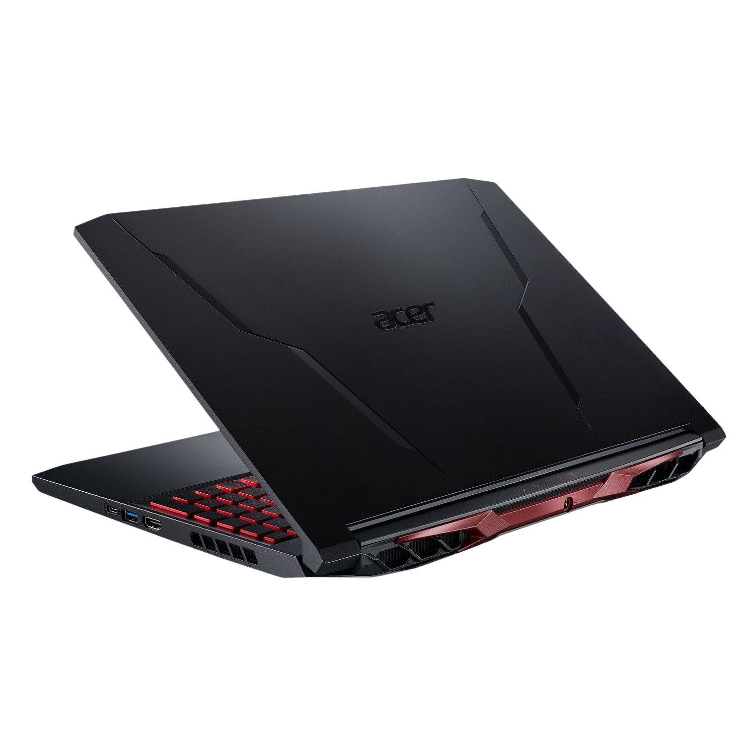 Portátil gaming Acer negro, teclas rojas. Vista trasera, ligeramente abierto, fondo negro.