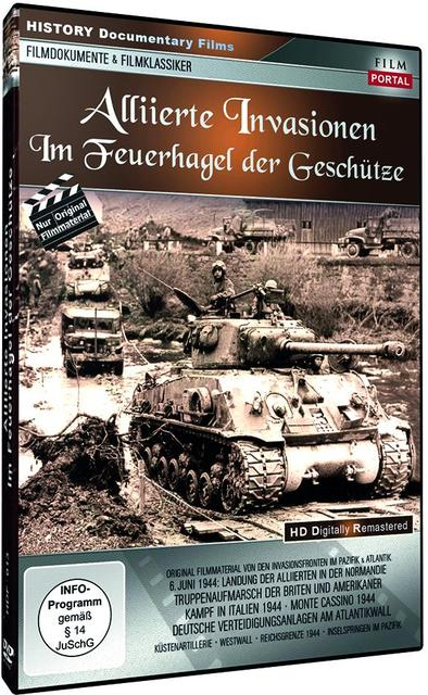 DVD-Hülle: Alliierte Invasion mit Panzern, Soldaten und Kriegsszenen. Text auf Deutsch.
