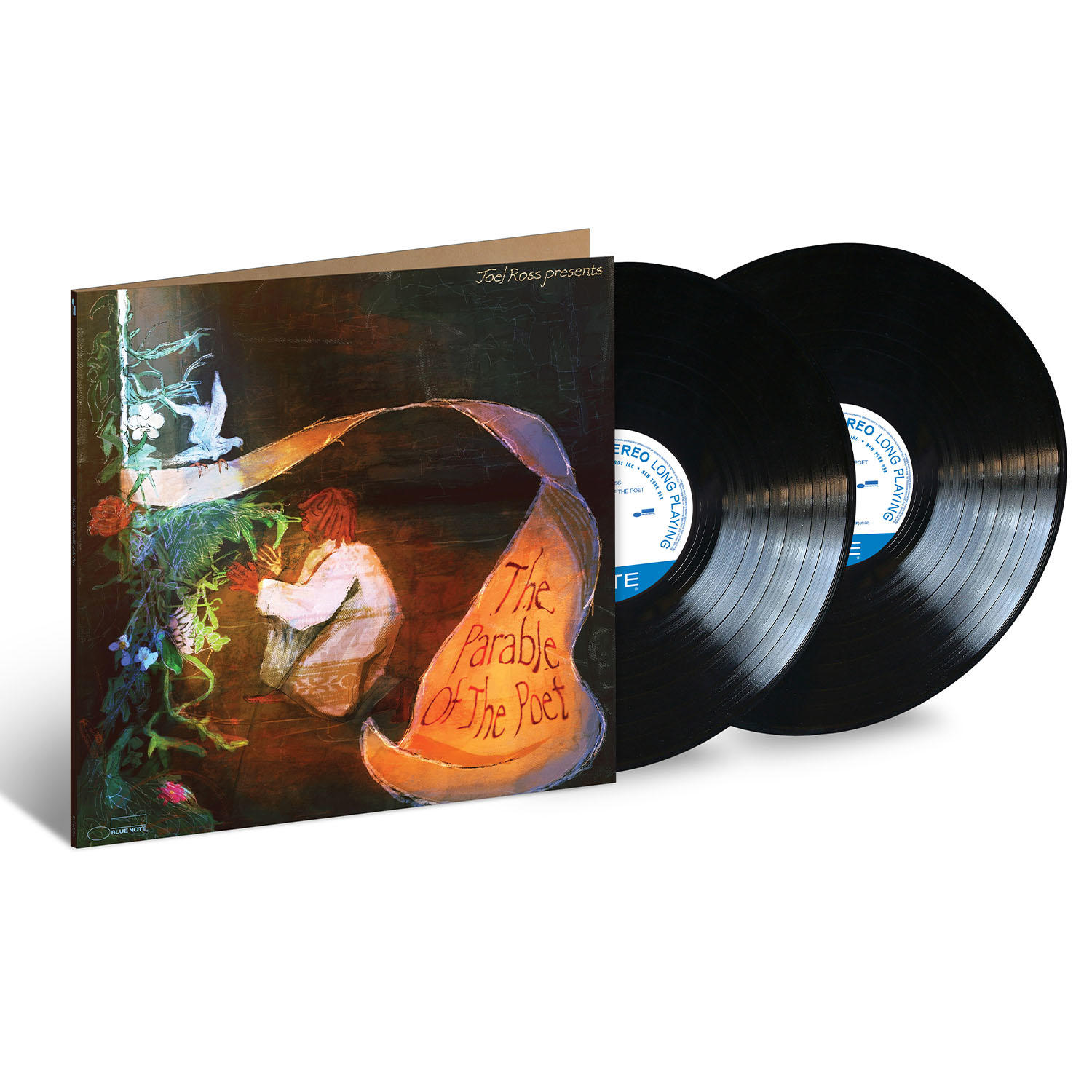 Zwei Schallplatten in einer Hülle. Die Hülle hat ein Kunstwerk einer Figur und Text. Weißer Hintergrund.