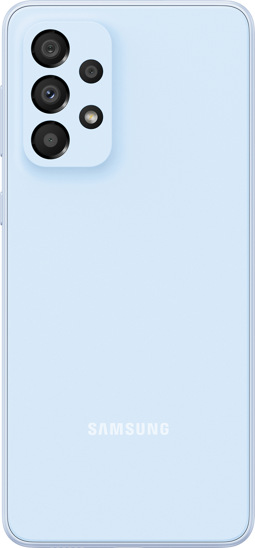 Hellblaues Samsung-Telefon, zeigt die Rückseite mit Kameras, auf weißem Hintergrund.