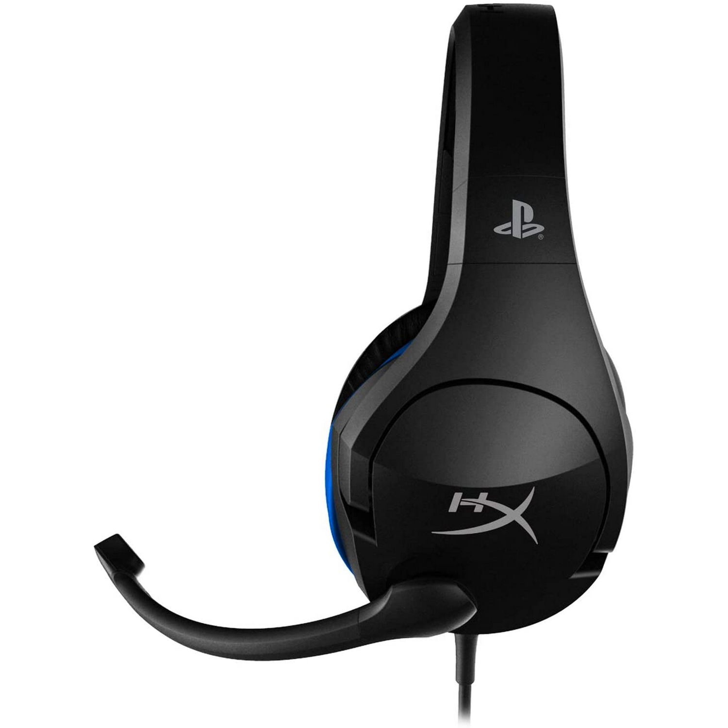 Auriculares para juegos negros y azules con micrófono, en ángulo, sobre fondo blanco.