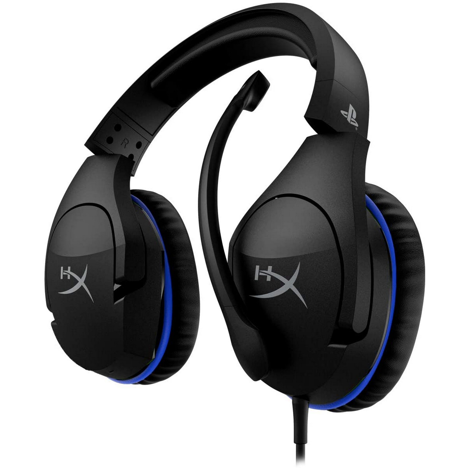 Auriculares para juegos HyperX negros con detalles azules. Tiene un micrófono y el logo HyperX.
