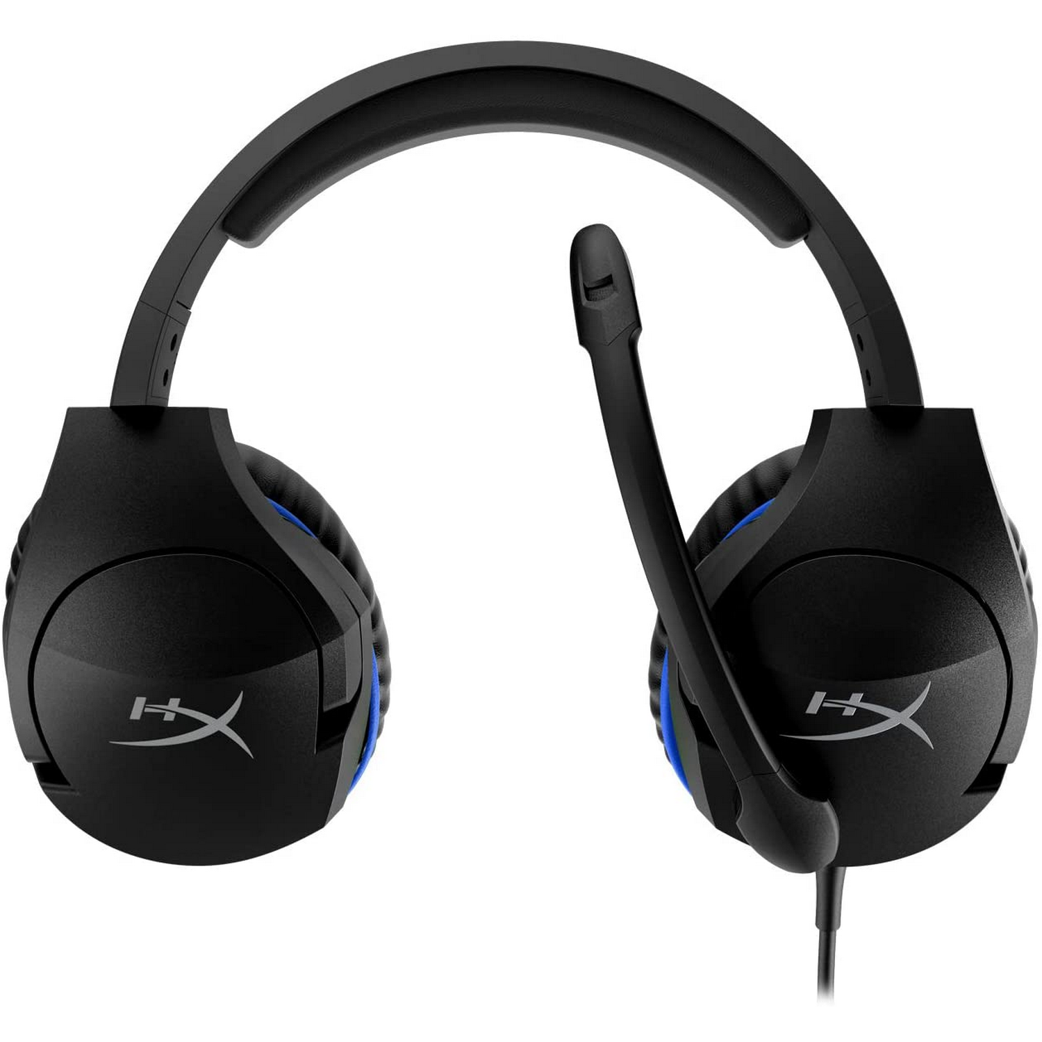 Auriculares para juegos HyperX negros con micrófono. Se ven los auriculares y la diadema. El logo está presente.
