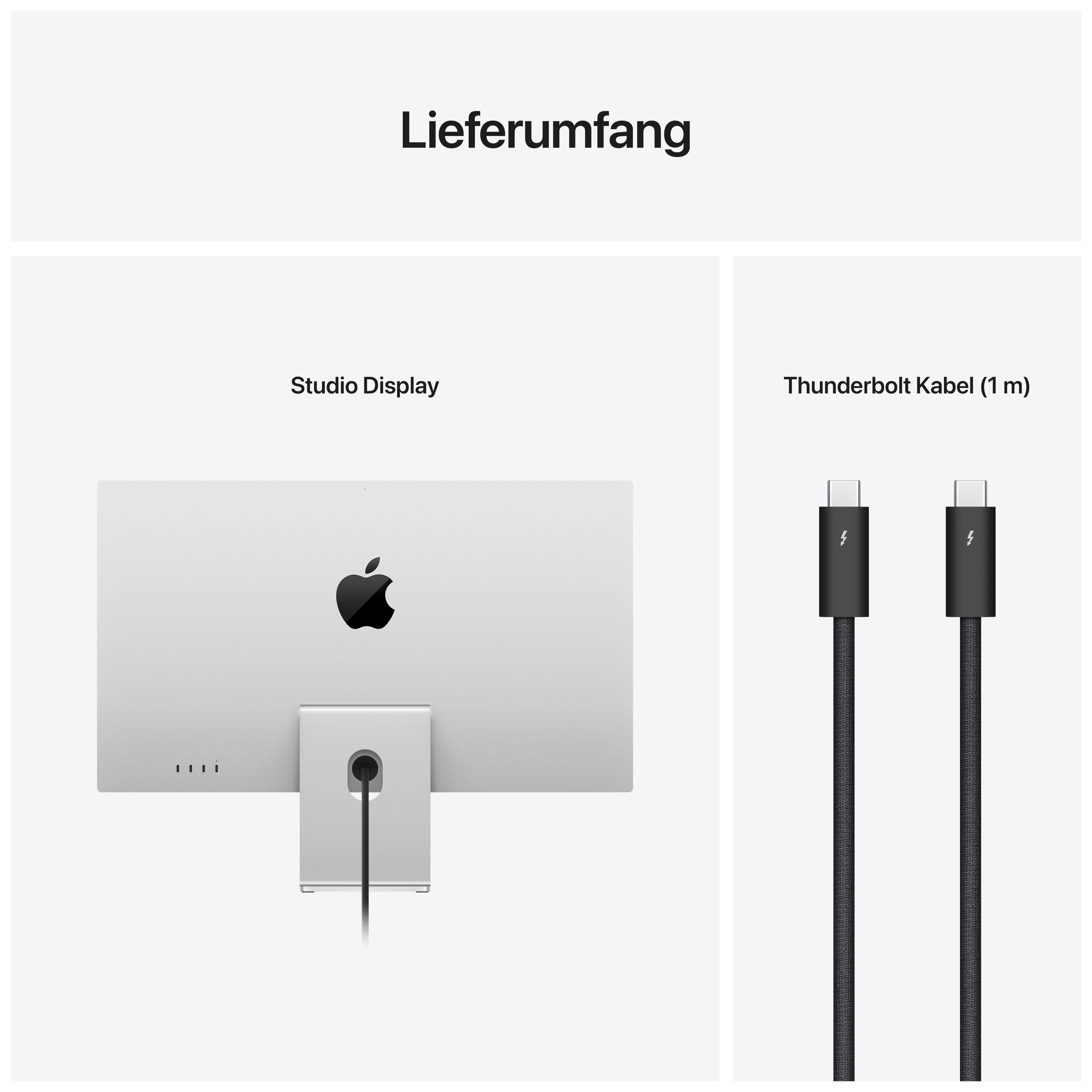 Studiodisplay mit Apple-Logo, Thunderbolt-Kabel. Weißer Hintergrund.
