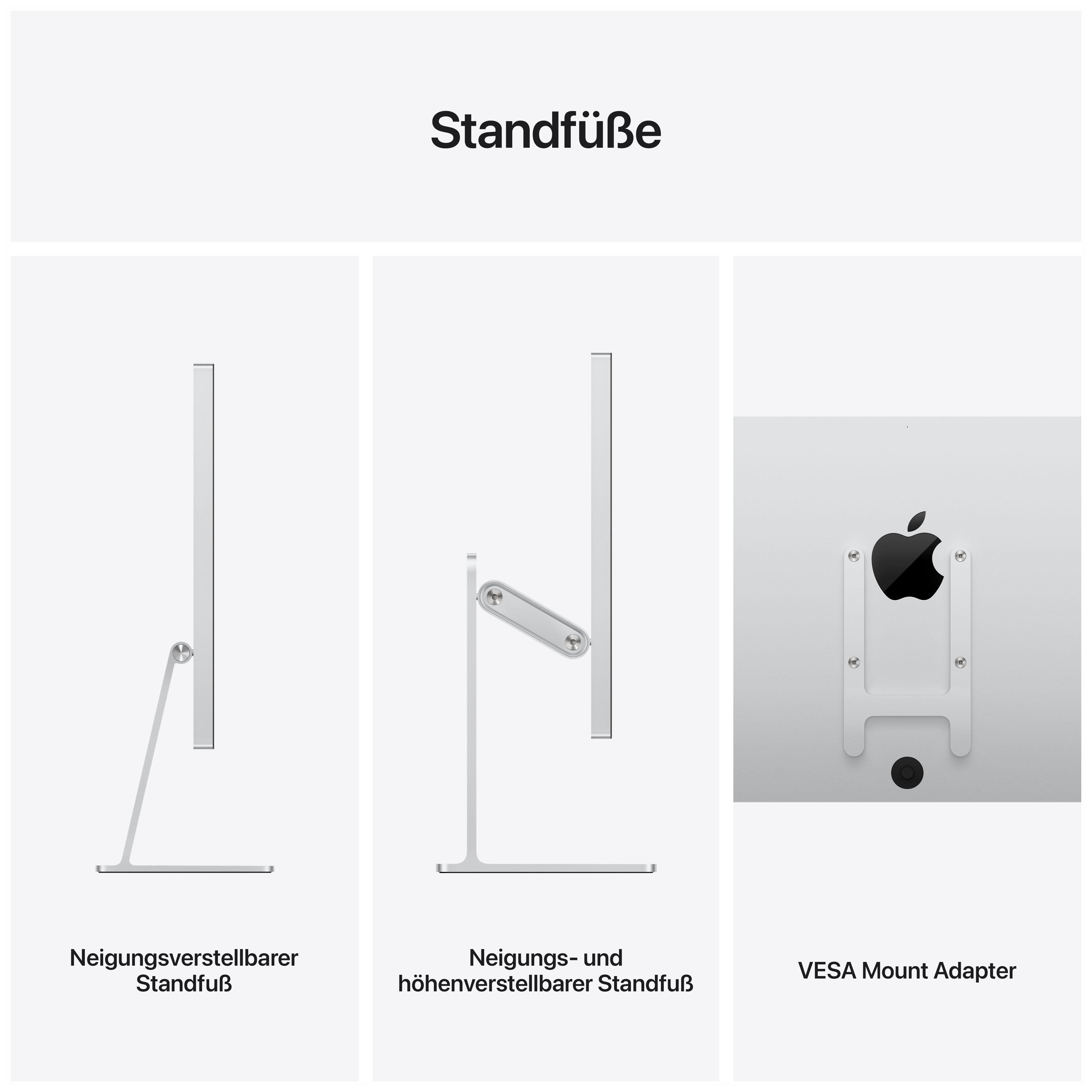 Drei Standfußoptionen für einen Monitor. Alles Silber, mit verschiedenen Designs. Weißer Hintergrund.