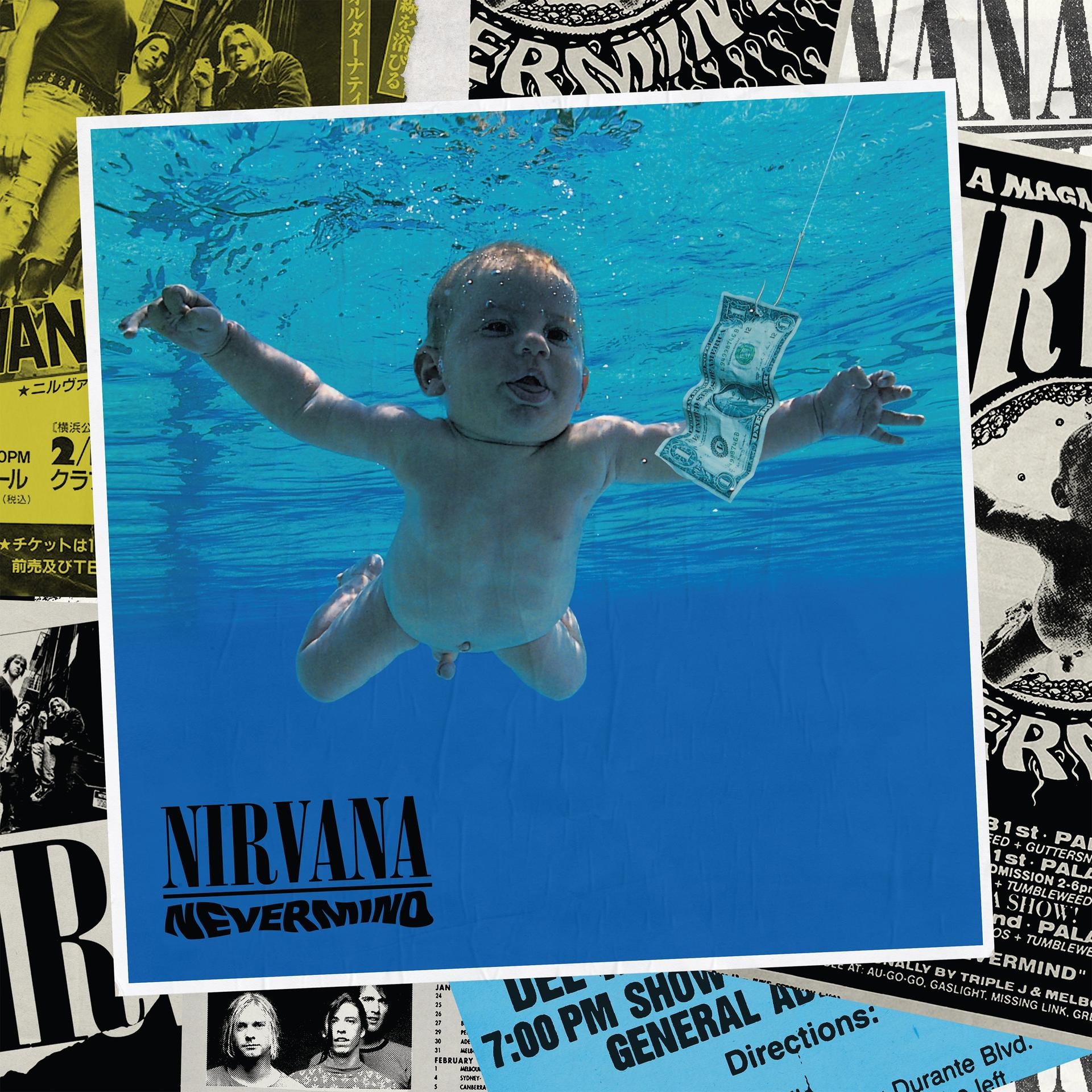 Nirvana album borítója, egy víz alatti úszó babával, aki egy dollárért nyúl.
