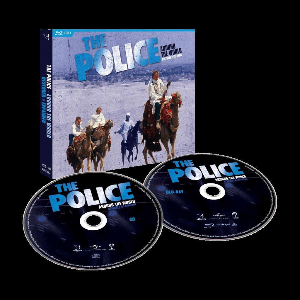Das Police-Album 'Around the World' CD- und Blu-Ray-Set. Das Cover zeigt Bandmitglieder auf Kamelen.