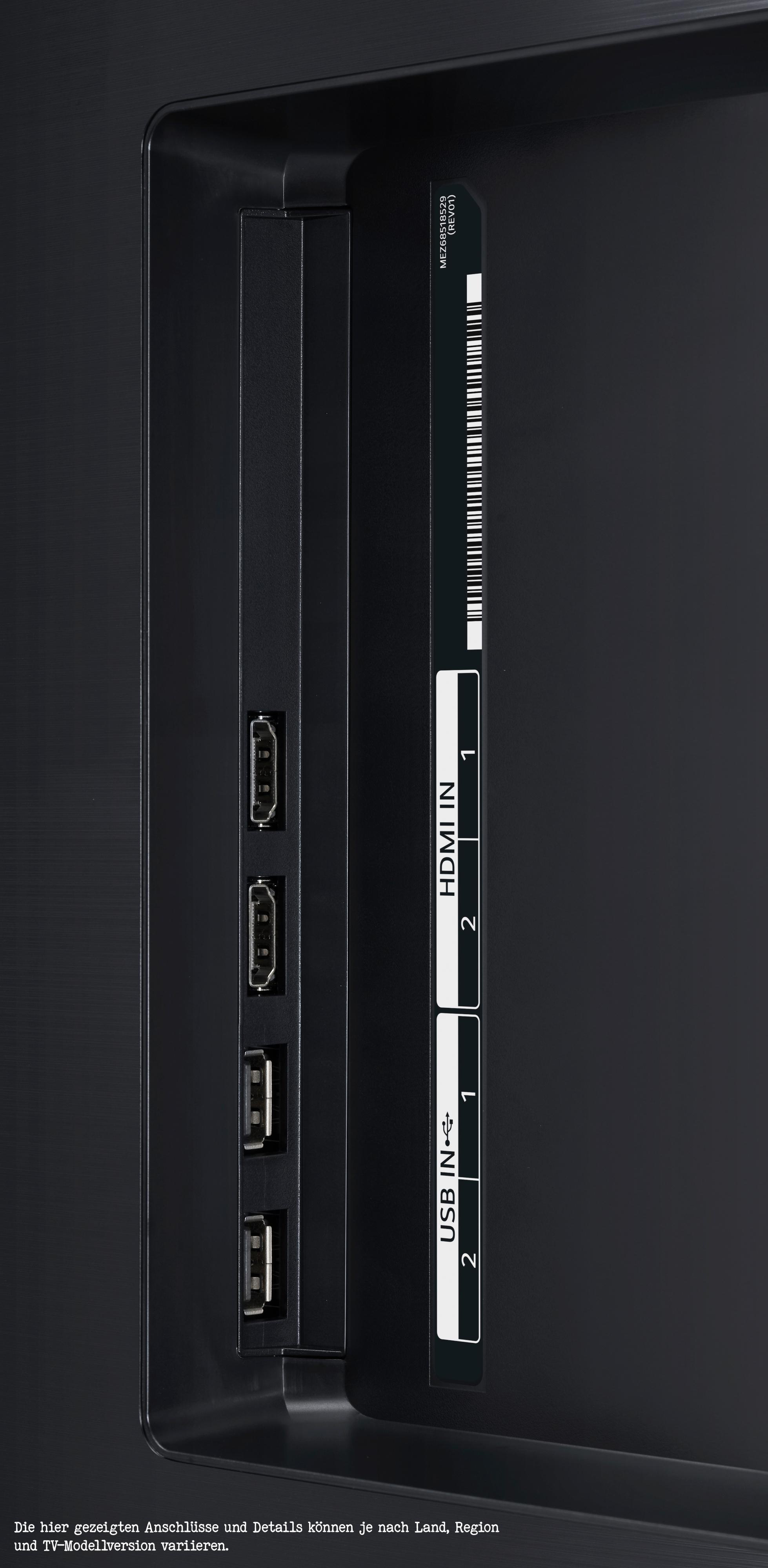 Rückansicht eines Fernsehers mit HDMI- und USB-Anschlüssen, mit Beschriftungen und schwarzem Rahmen.