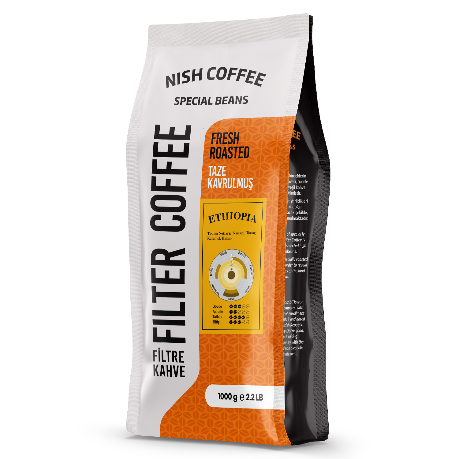 Nish Coffee torbası, metin etiketleri ve bir renk çizelgesi ile.