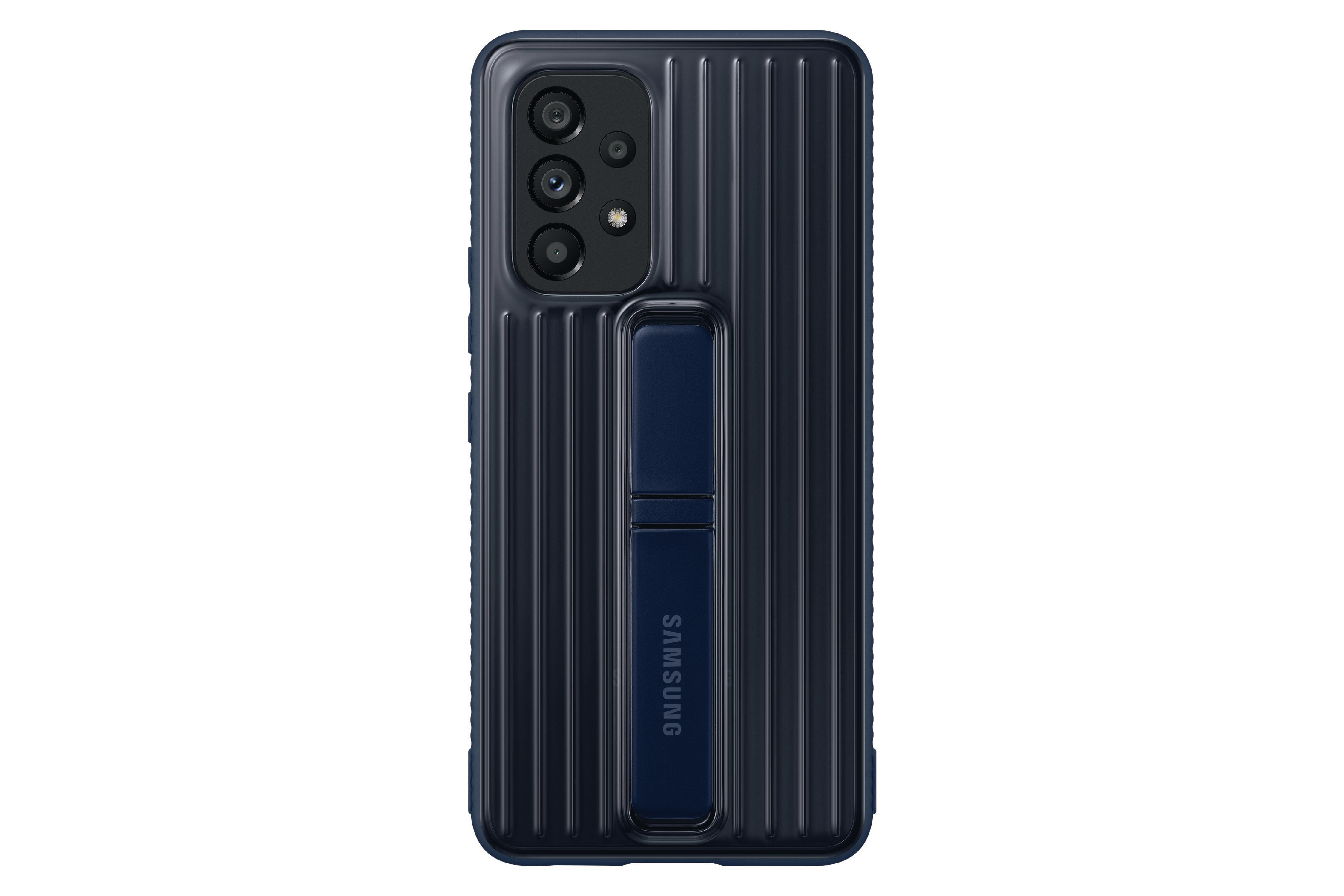 Dunkelblaue Handyhülle mit Ständer. Geripptes Design und Samsung-Logo.