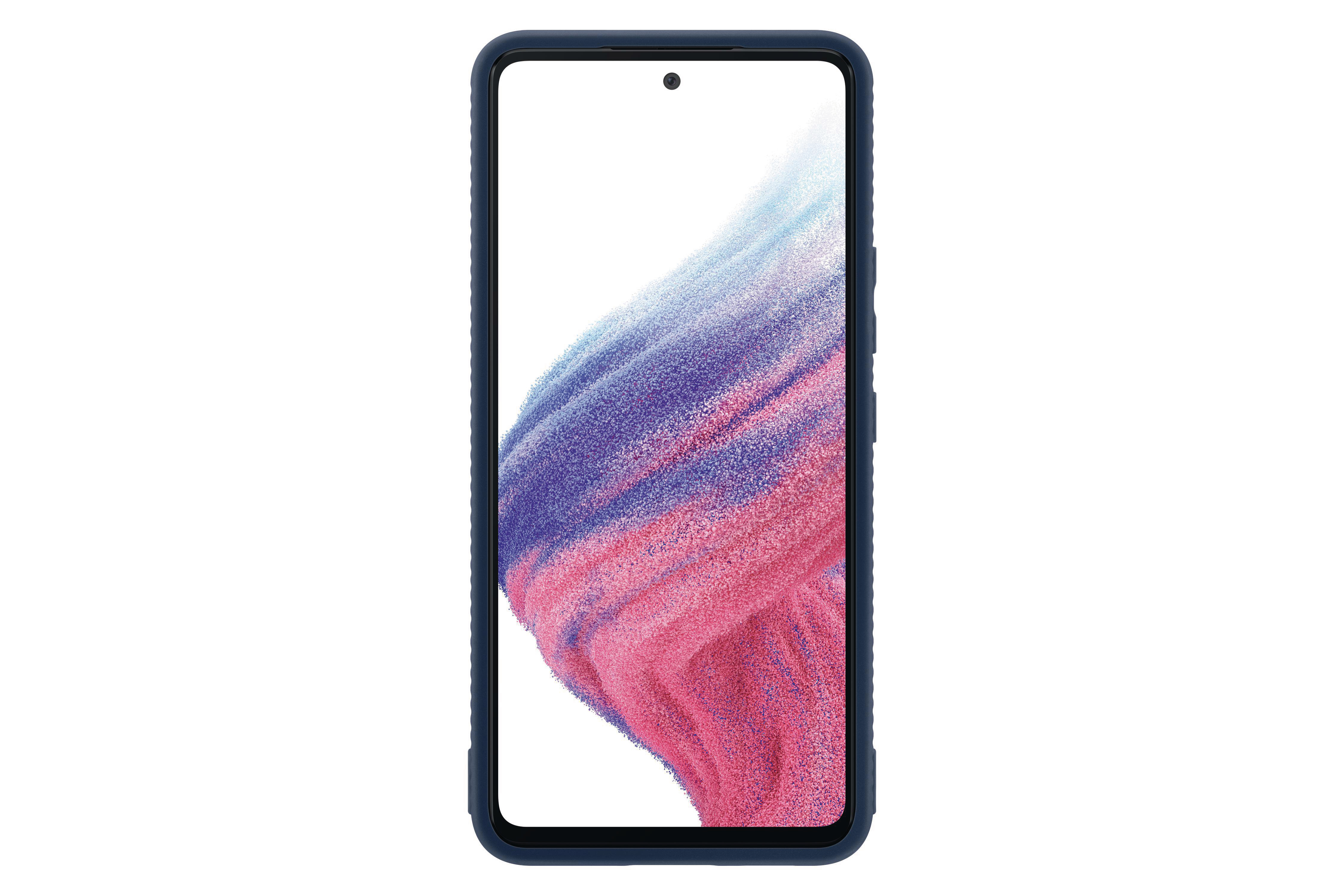 Eine blaue Handyhülle mit einem Samsung-Handy, das ein farbenfrohes, abstraktes Design zeigt.