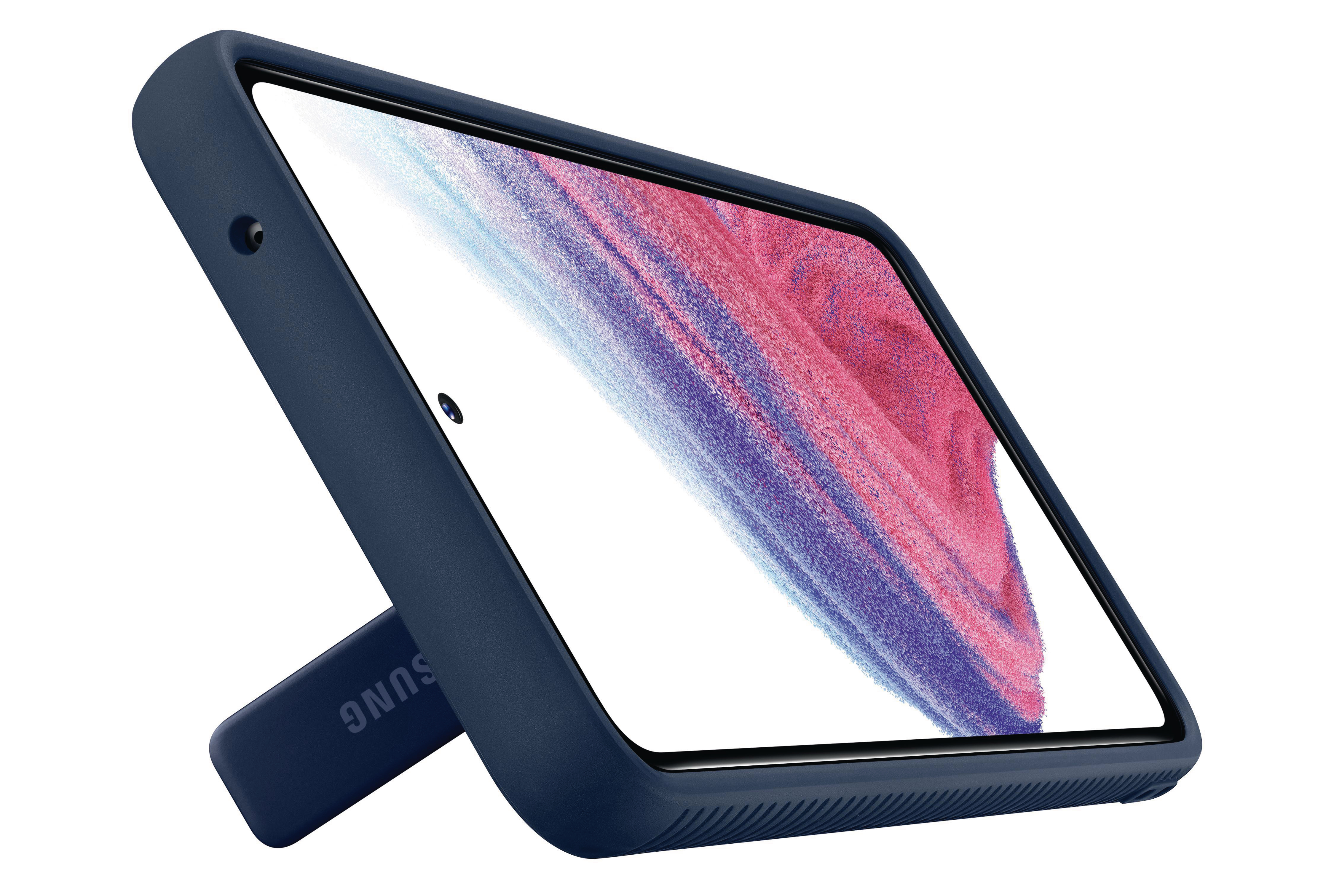 Samsung-Tablet in blauem Gehäuse. Das Gehäuse hat einen eingebauten Ständer.