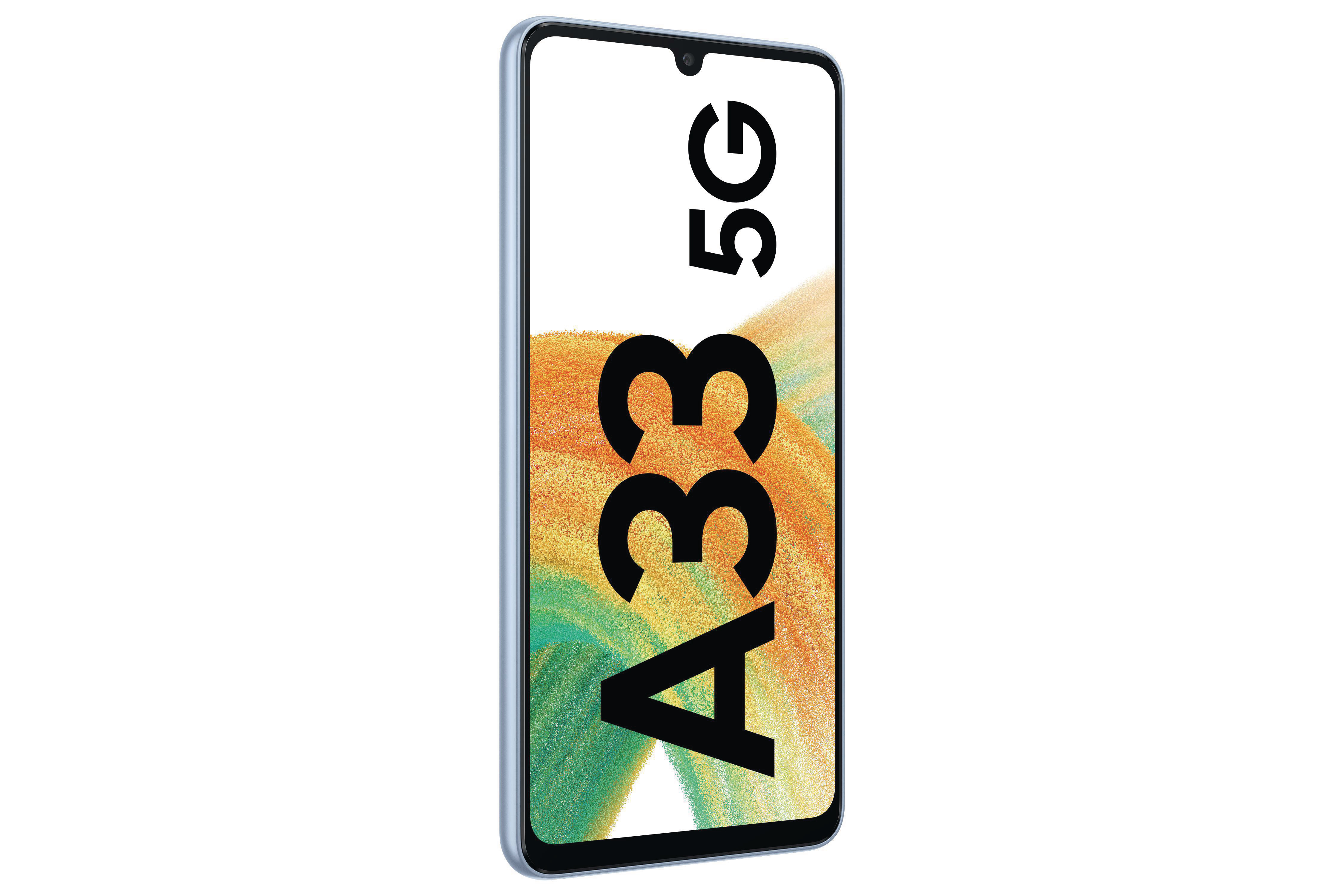 Blaues Samsung A33 5G Smartphone. Zeigt den Telefonbildschirm und die Seite des Telefons.
