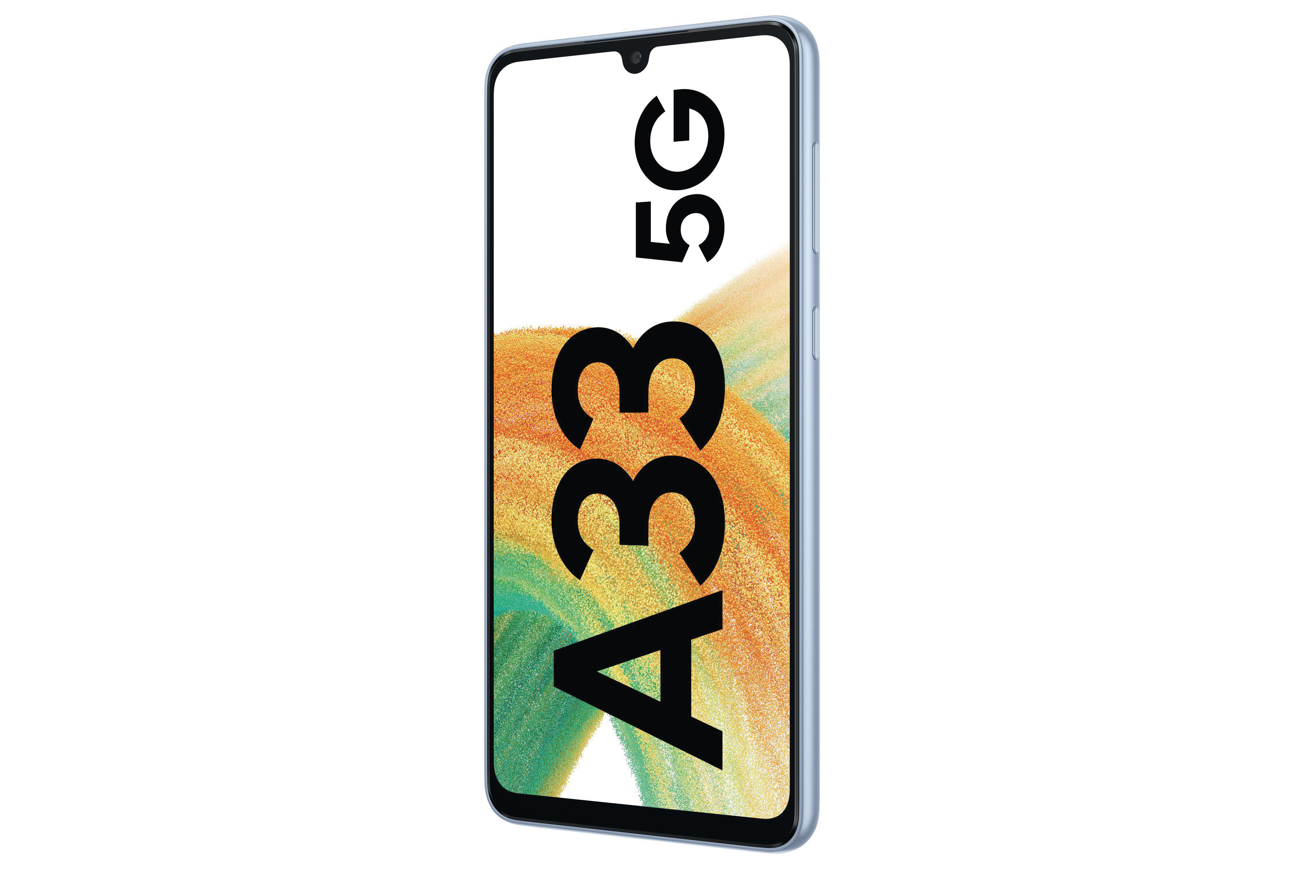 Hellblaues Samsung-Telefon. Vorderansicht, A33 5G Text, weißer Hintergrund.