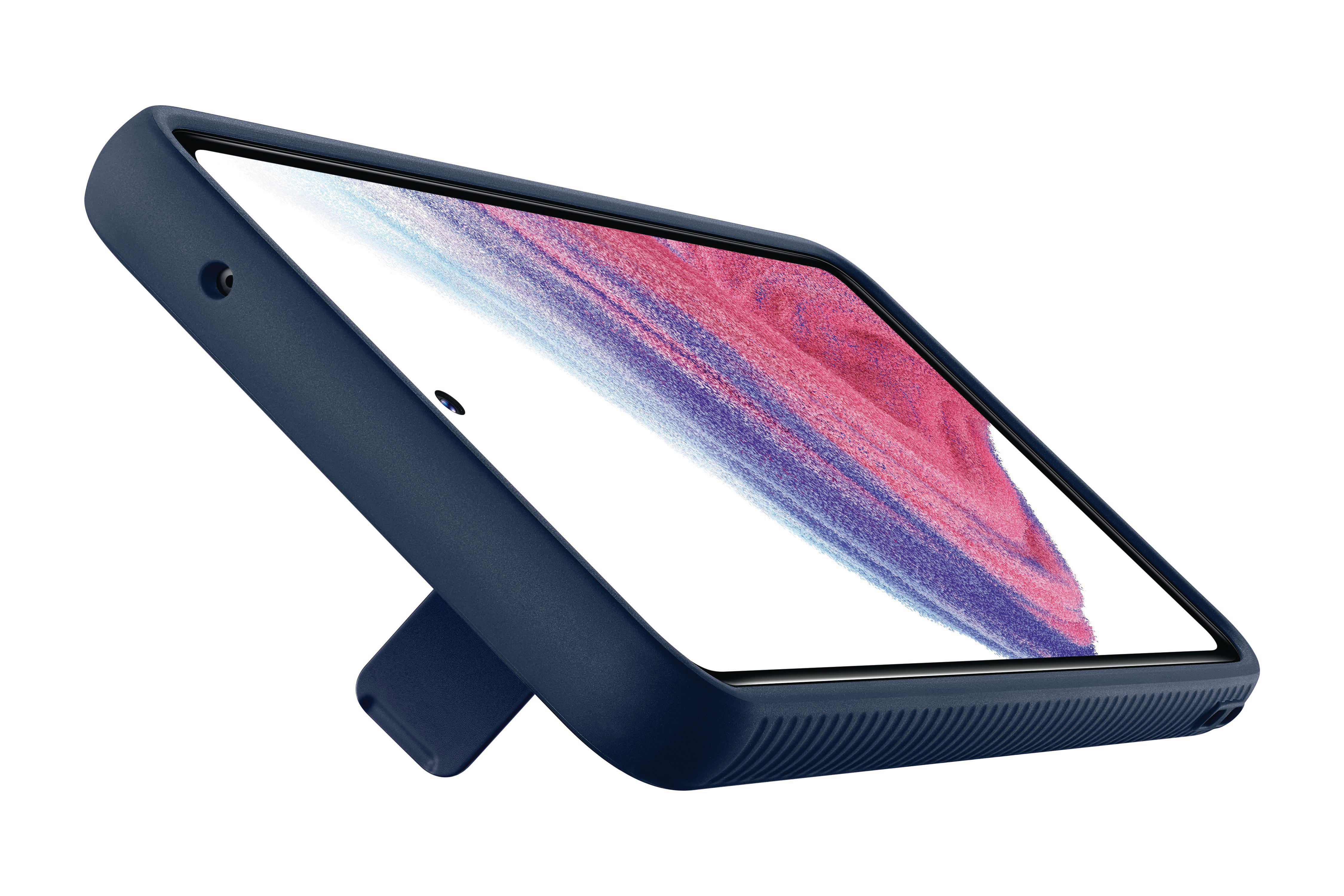 Eine blaue Handyhülle mit Ständer, die ein Handy mit einem farbenfrohen, abstrakten Bild hält.