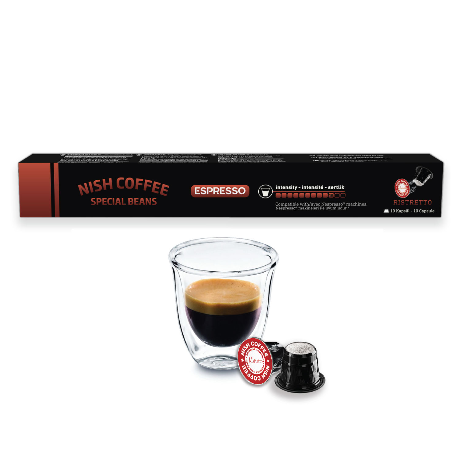 Nish Coffee kutusu ve espresso kapsülleri. Kutu önünde bir bardak espresso.