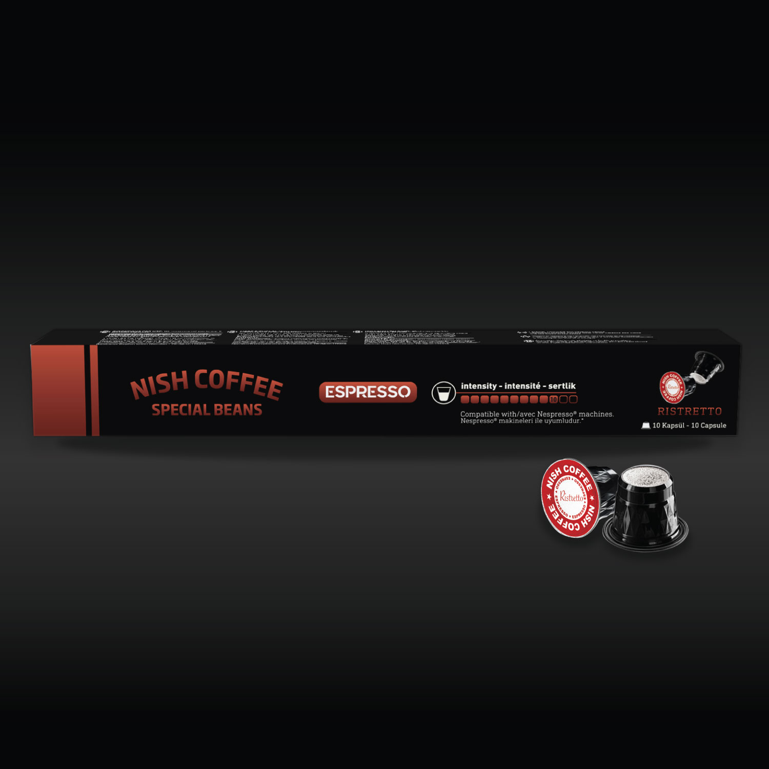 Kırmızı ve siyah tasarımlı bir kutu Nish Coffee espresso kapsülü ve tek bir kapsül.