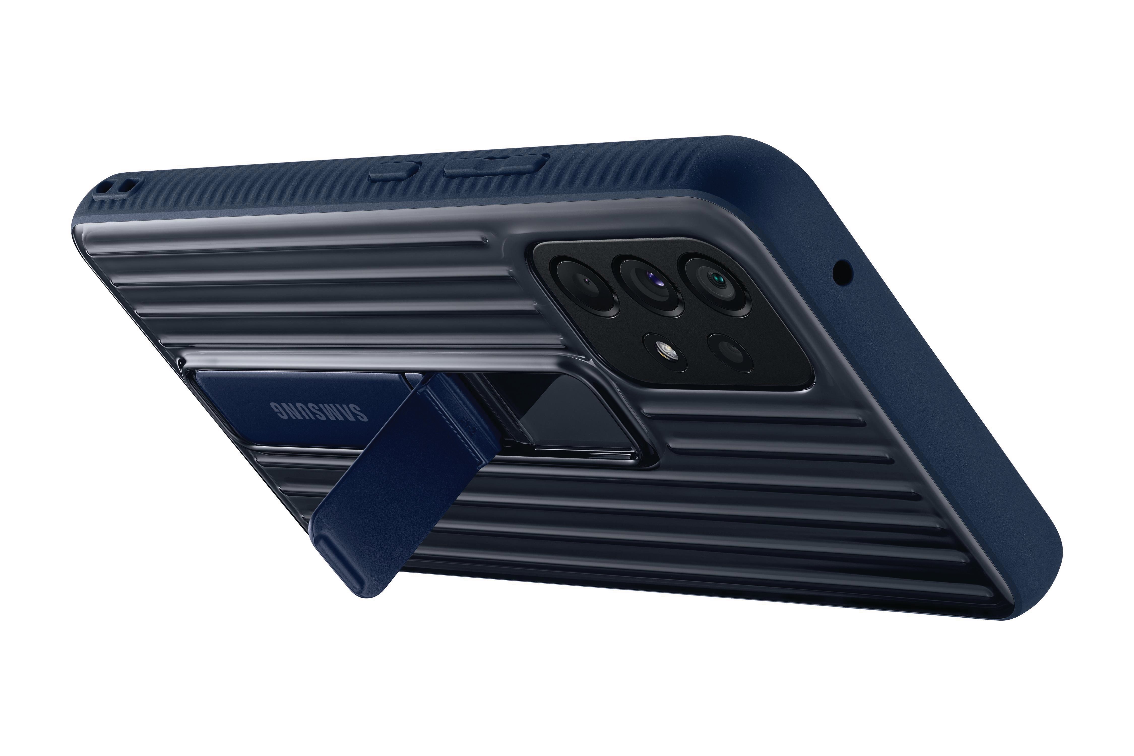 Blaue Handyhülle mit Ständer auf weißem Hintergrund. Das Telefon hat eine Kamera.