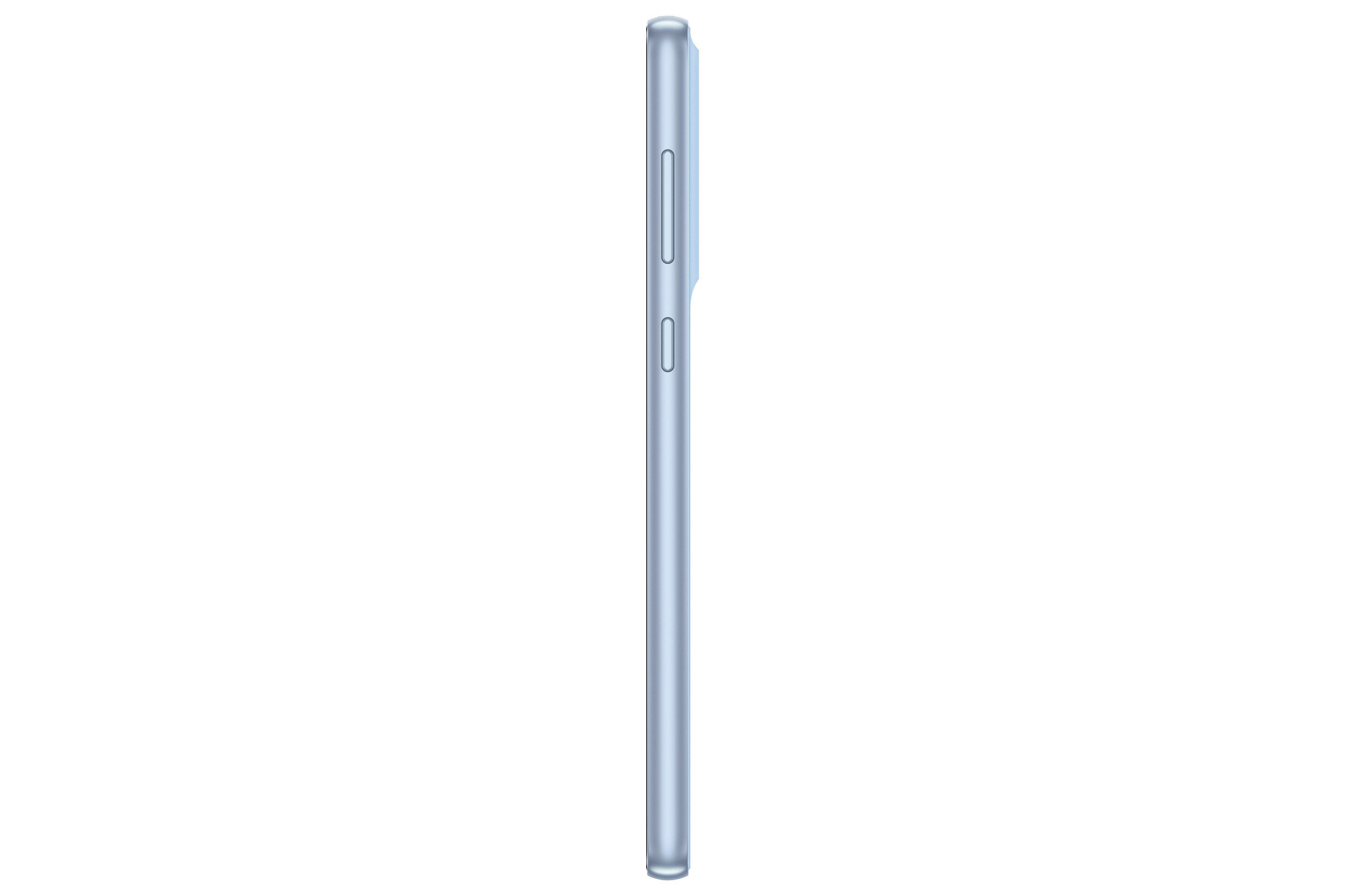 Ein hellblaues Smartphone von der Seite gesehen, das die Lautstärke- und Ein-/Aus-Tasten zeigt.